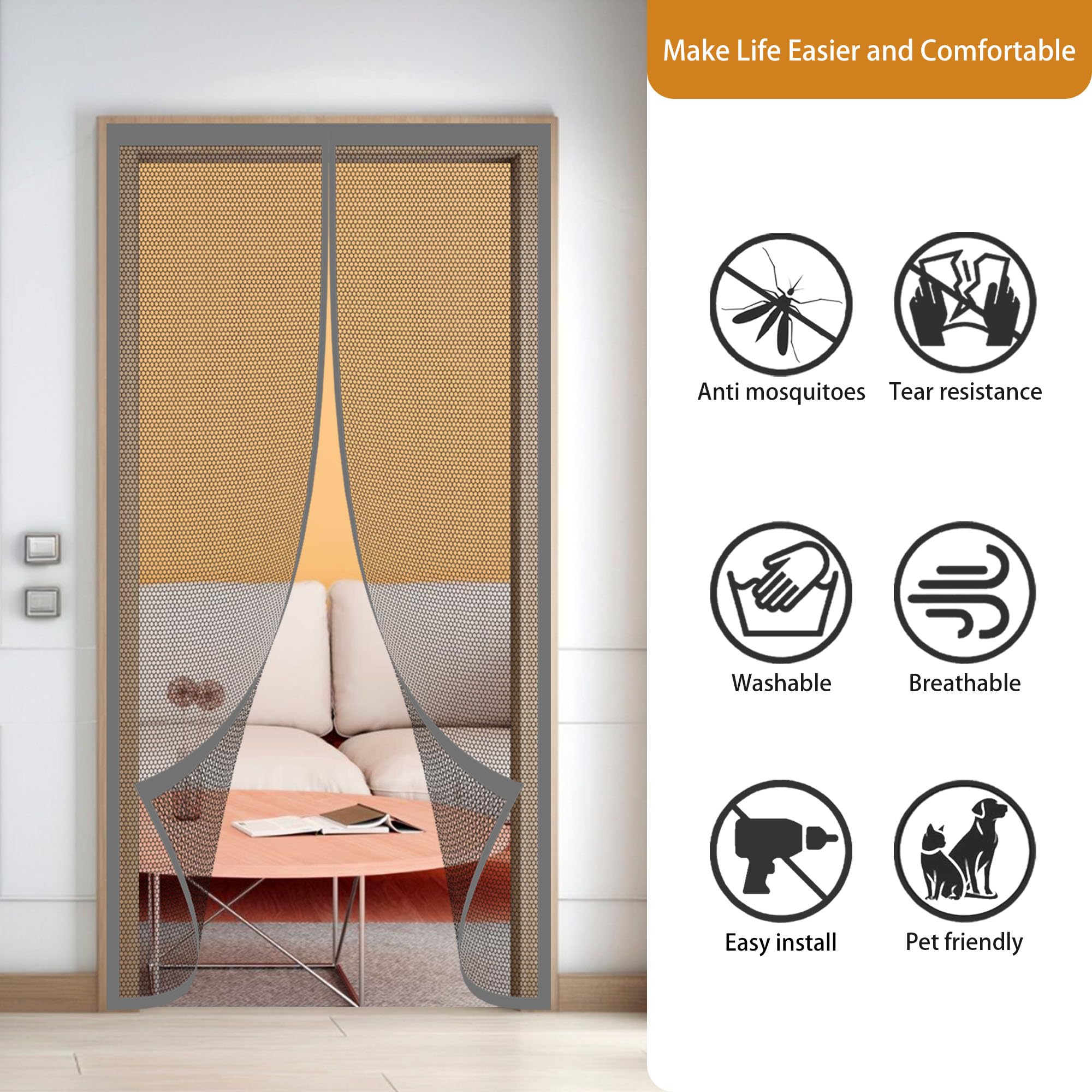 Mosquitera para Puerta 107 x 292 cm Se Cierra Automáticamente Cortina Mosquitera Magnética Puertas Lejos de Los Mosquitos para Puertas de Balcón O Terraza, Gris