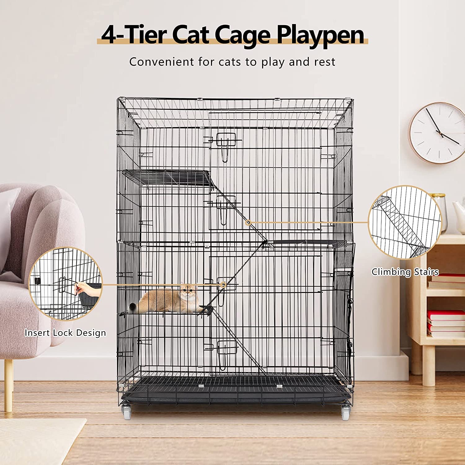 Jaula grande para gatos con 4 niveles, plegable con 360 ruedas giratorias, rampa de escalera, balcón, interior, exterior, jaula de metal para 1-3 gatos, 90 x 55 x 125 cm