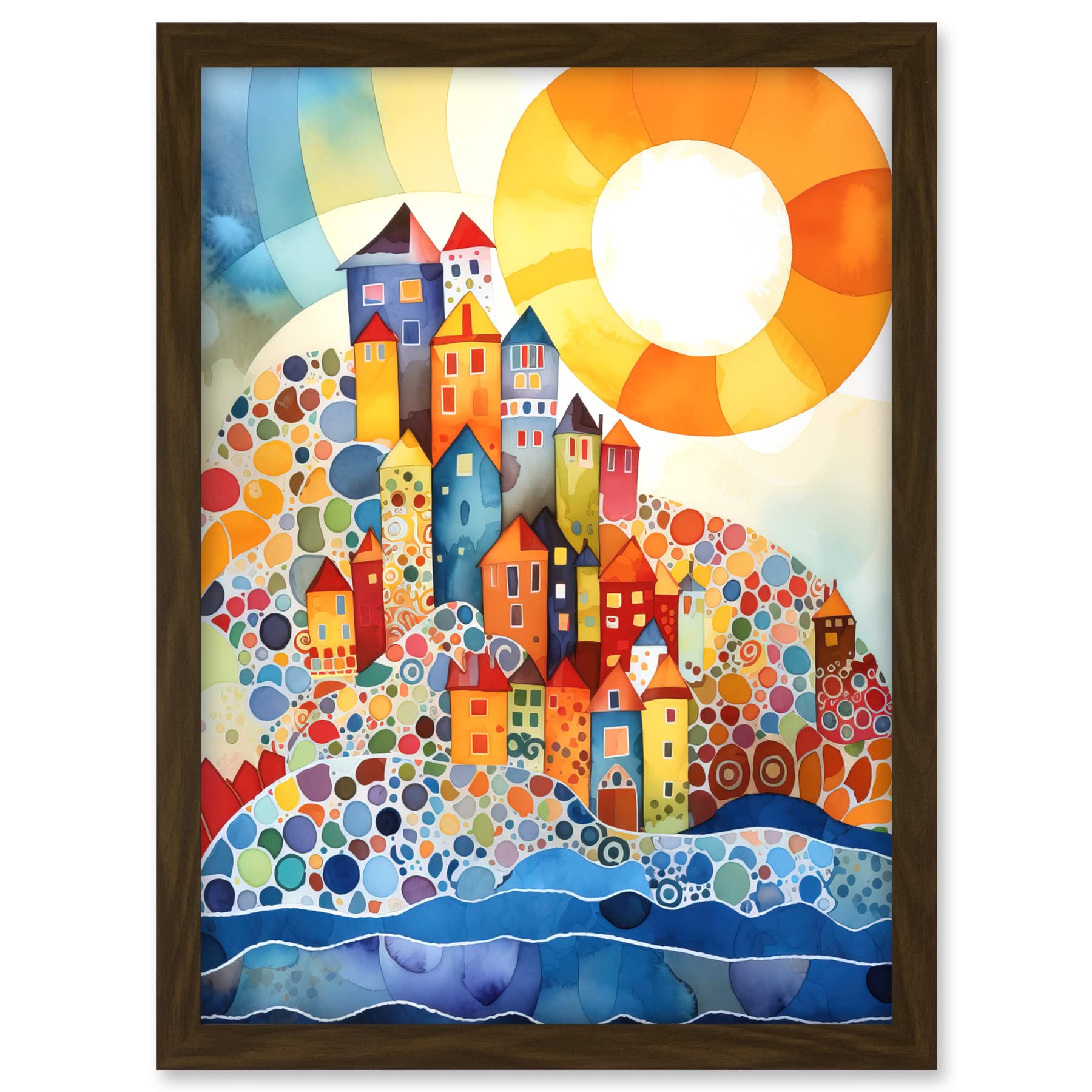 Artery8 Abstract Seascape Sunrise Village Folk Art Artwork Framed A3 Wall Art Print