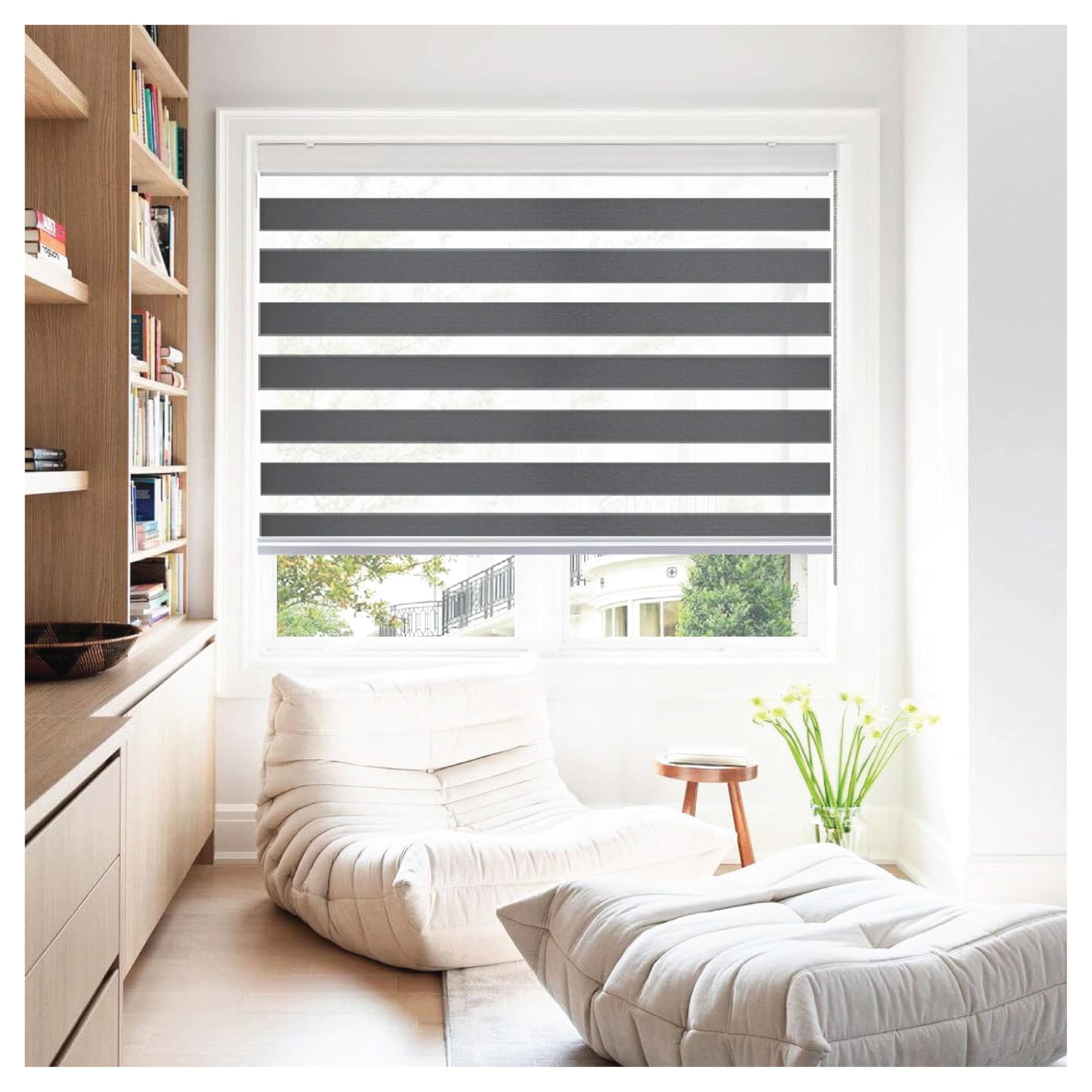 Rehan & Co Grey Day and Night Zebra Roller Blinds for Windows Light Filtering Dual Layer Fabric Window Blinds Drill/No Drill Easy Fit Blind for Door 114cm W x 210cm L)