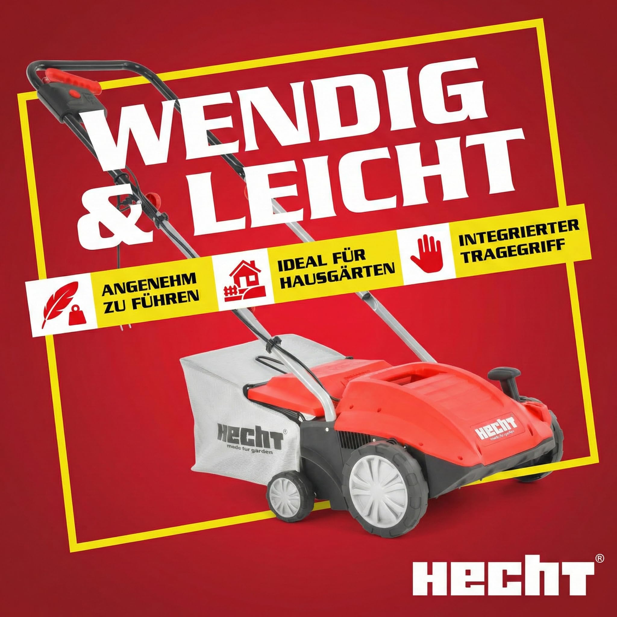 HECHT brandneuer 2 in 1 elektro Vertikutierer - Vertikutierer Elektro für einen schönen grünen saftigen Rasen – Starke 1500 Watt mit Lüfter- und Messerwalze - großzügiger 35l Auffangsack – elektrisch