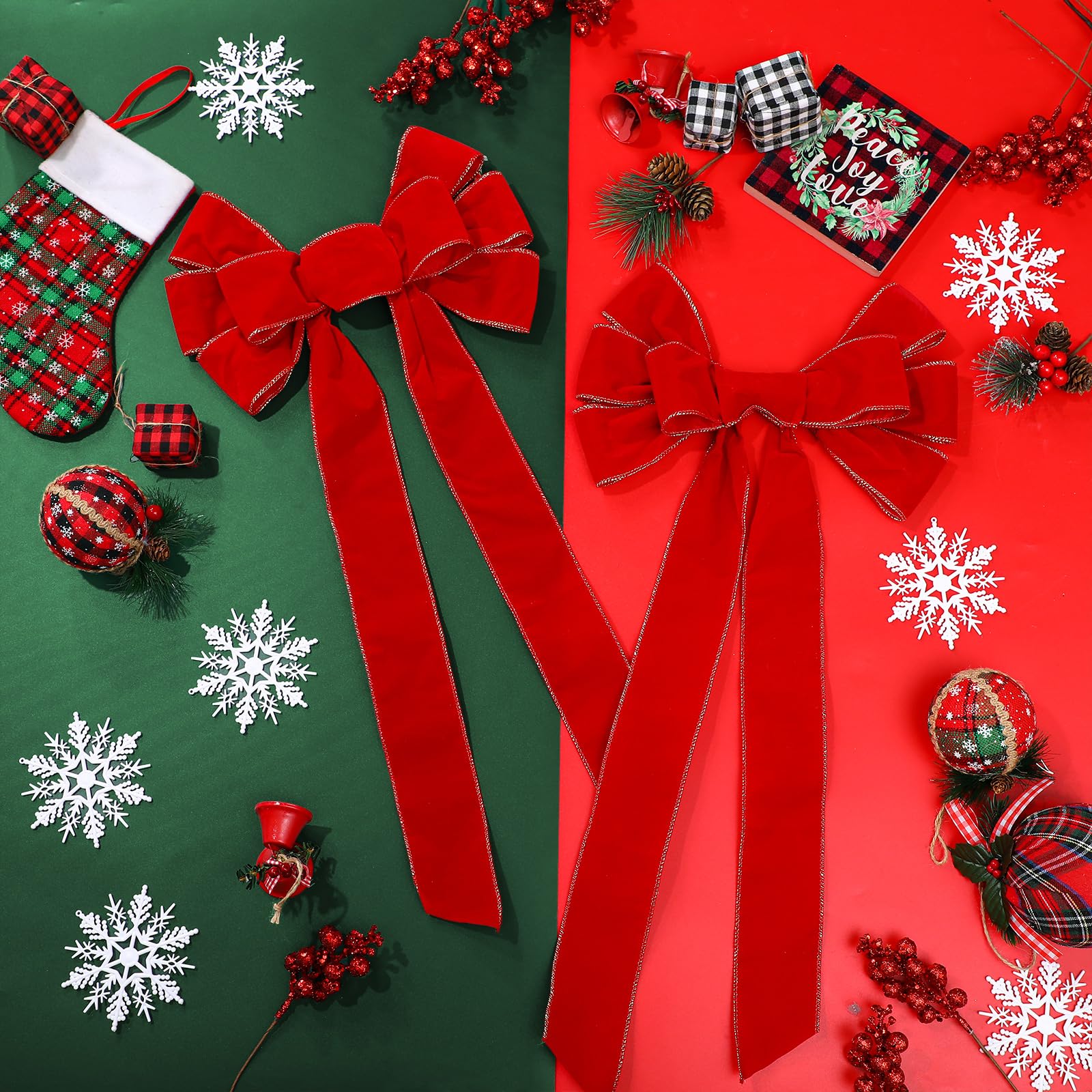 Lyrow 12 lazos grandes de Navidad rojos de 26 x 12 pulgadas, lazos de terciopelo rojo para corona de Navidad, lazo para decoración de árbol de Navidad con borde dorado con purpurina para fiestas en