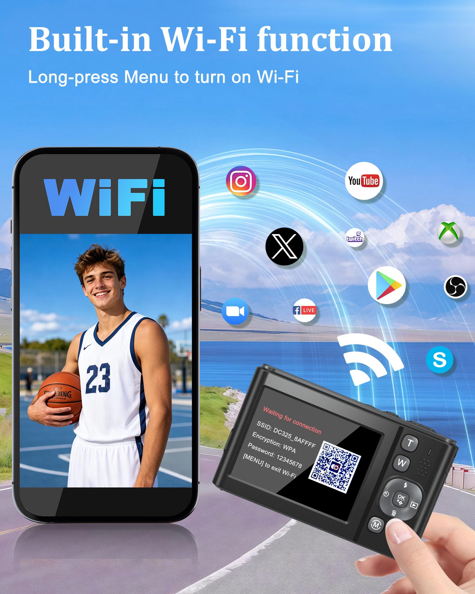 Fotocamera digitale WiFi 8K 96MP 2026 per vlogging YouTube con doppio schermo, autofocus anti-vibrazione, zoom 16X, fotocamera compatta da viaggio con scheda 32 GB e 2 batterie da 1050 mAh