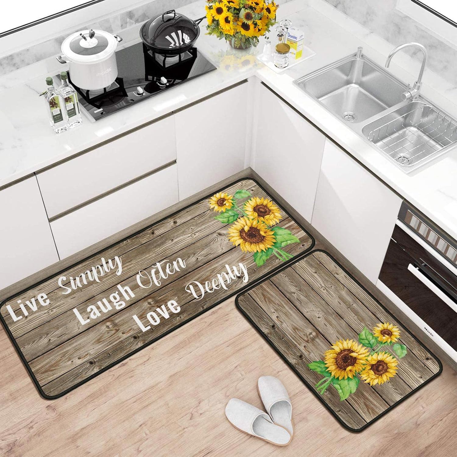 Juego de 2 alfombras de cocina con diseño de girasol, antideslizantes, absorbentes, de microfibra, para dormitorio y casa de campo, 17 x 48 pulgadas