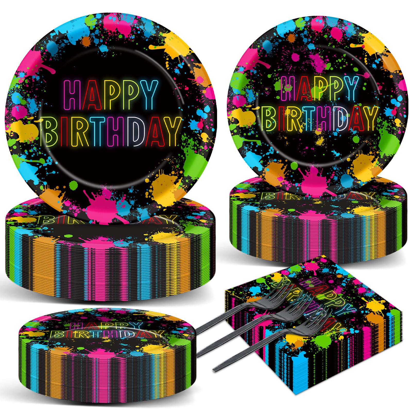Qyeahkj 200pcs Neon Party Paper Plate and Napkins Supplies Neon Birthday Party Decorations Glow in the Dark Colorful Graffiti Disposable Tableware Set