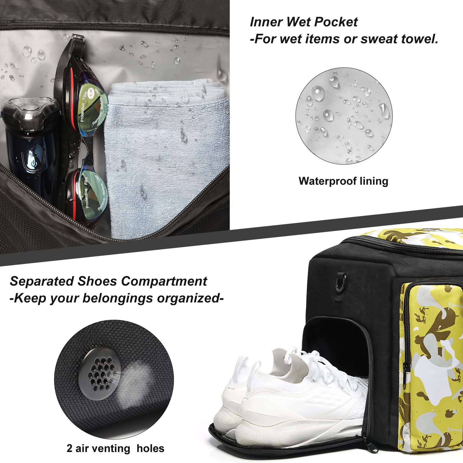 Borsone da palestra per gli uomini impermeabili borse sportive da viaggio con scomparto per scarpe tasca bagnata grande borsa per la notte, Mimetico Verde