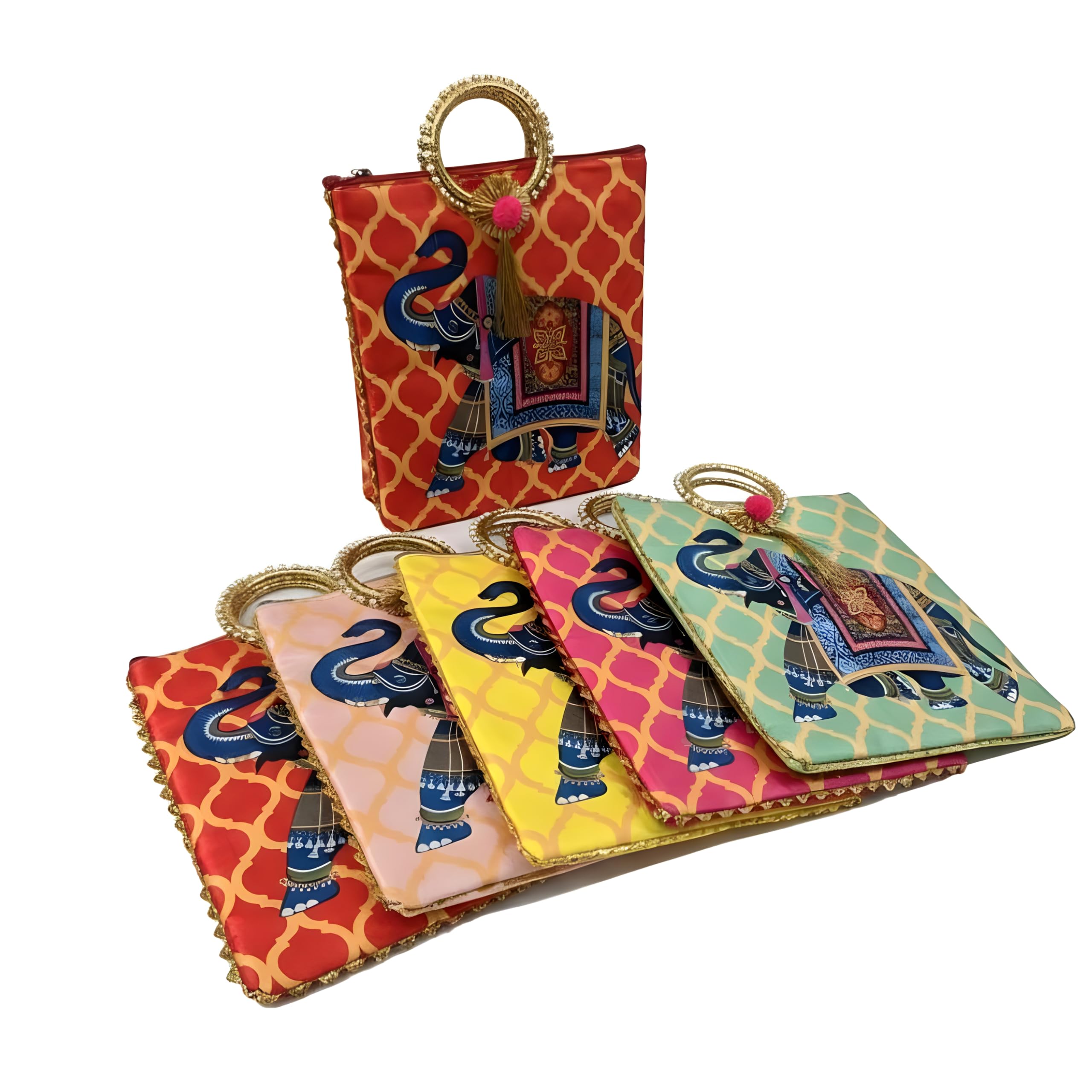 Traditional Indian Silk Handbag Set of 6, Elephant Motif Ethnic Bags with Golden Ring Handles, Tassel & Zip Closure, 10 x 9 Inch Multi-Color Wedding Festive Return Gift Purses-image-34