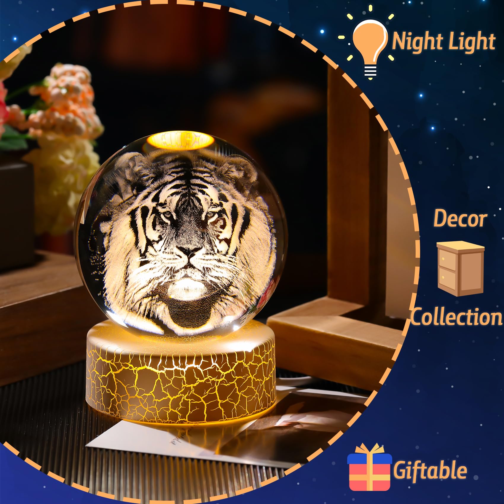 Arikyrist 3.15"/ 8cm K9 Crystal Ball Engraved 3D Tiger Collectible Sphere with LED Lamp Stand - Image 2
