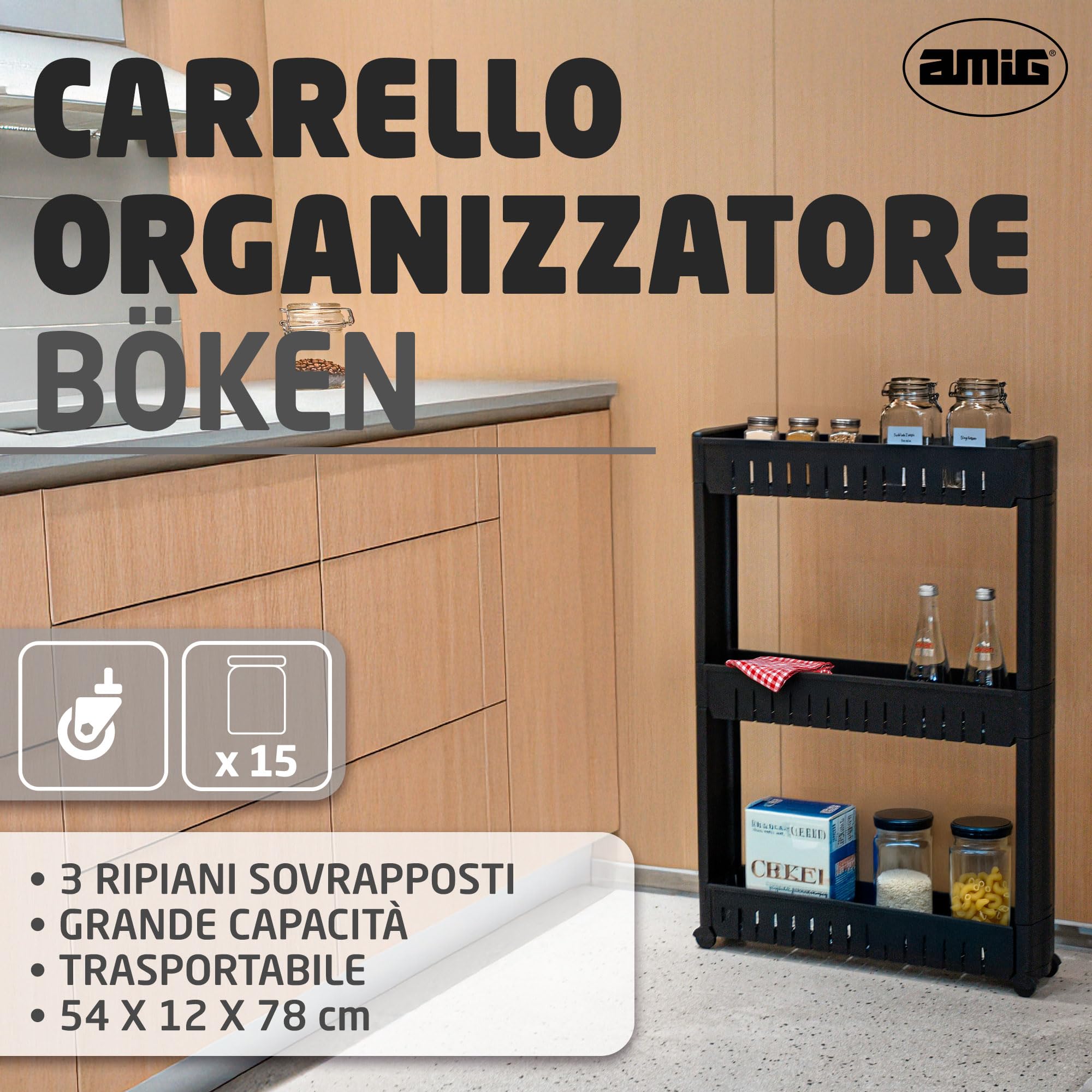 Amig - Carrello stretto con ruote Böken - Nero - 54 x 12 x 78 cm - Carrello ausiliario per ripostiglio - Unità di stoccaggio a 3 livelli per bagno