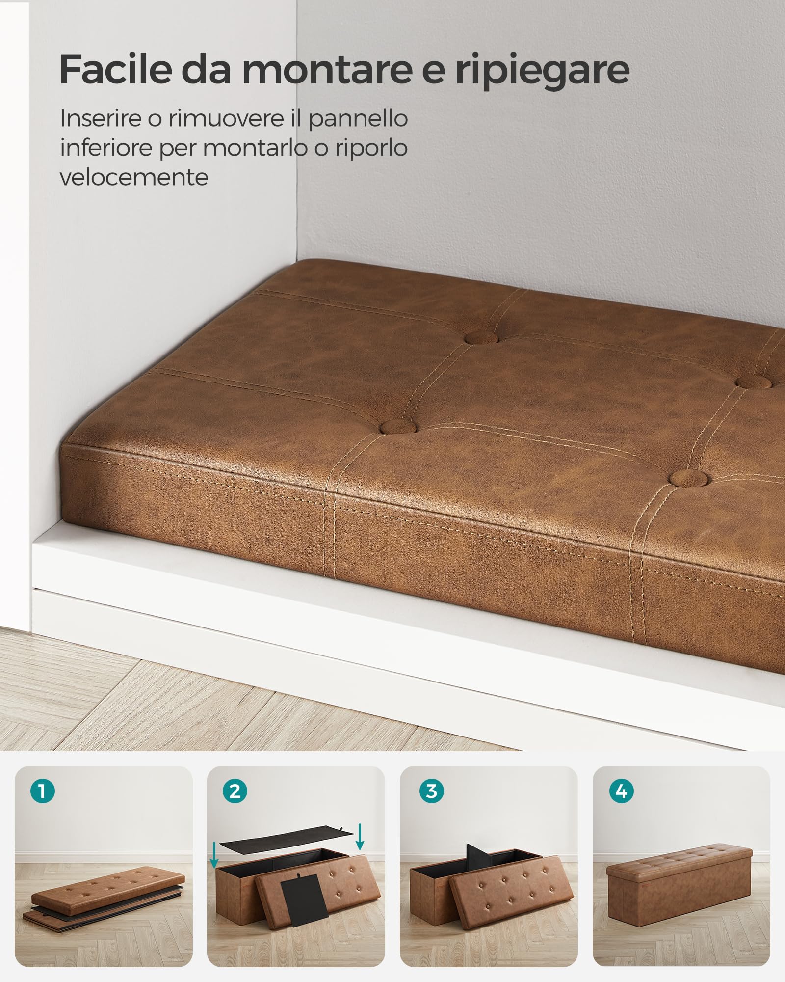 SONGMICS Cassapanca, Pouf Contenitore, Poggiapiedi Pieghevole da 38 x 110 x 38 cm, Ottomano, Regge Fino a 300 kg, per Soggiorno, Camera da Letto, Entrata, Marrone caffè LSF070K01V1