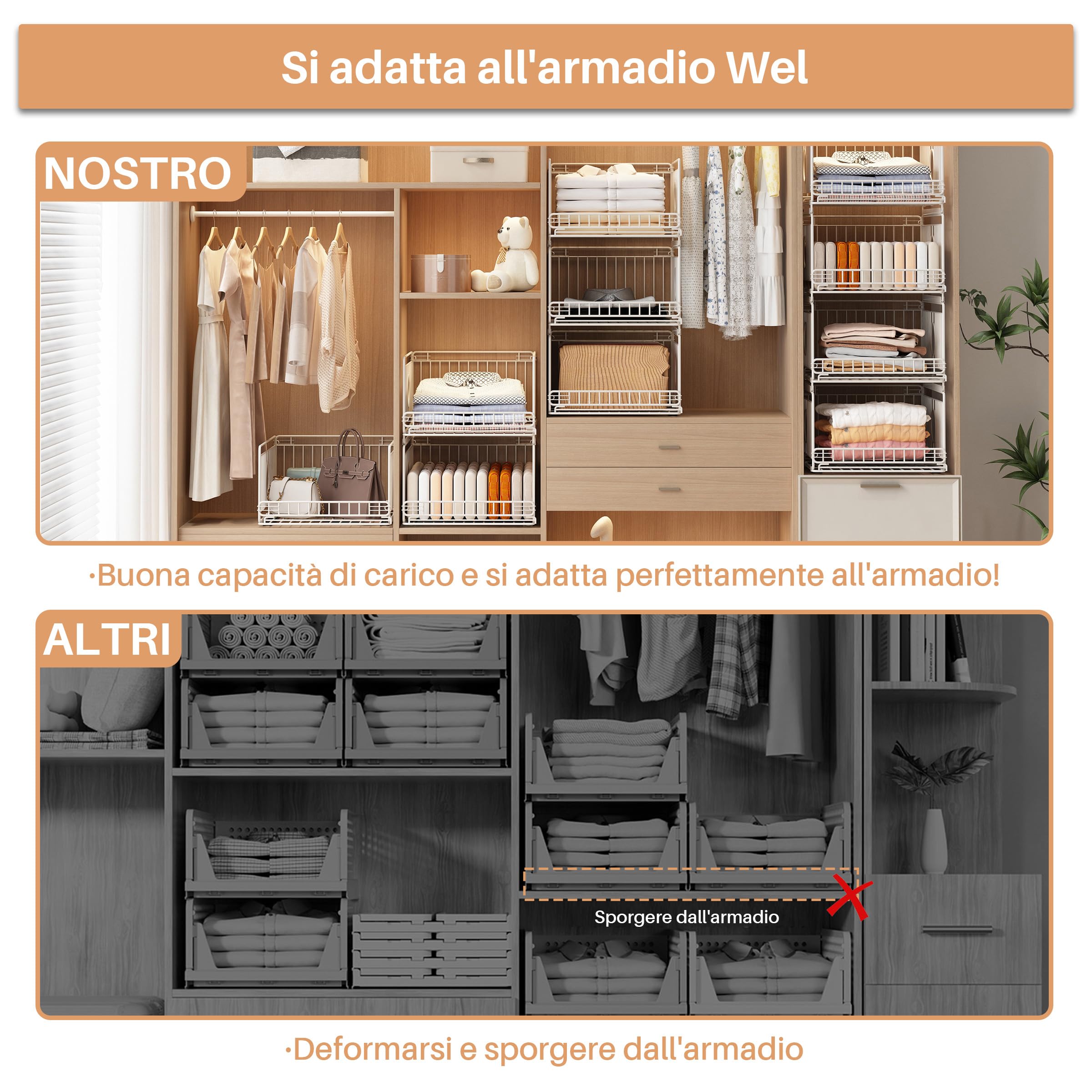 4 Pezzi Organizer per Armadio, Contenitori Impilabili | Organizer per Armadio Senza Fori, Organizer Estraibile, Cassetti per Armadio, Bianco