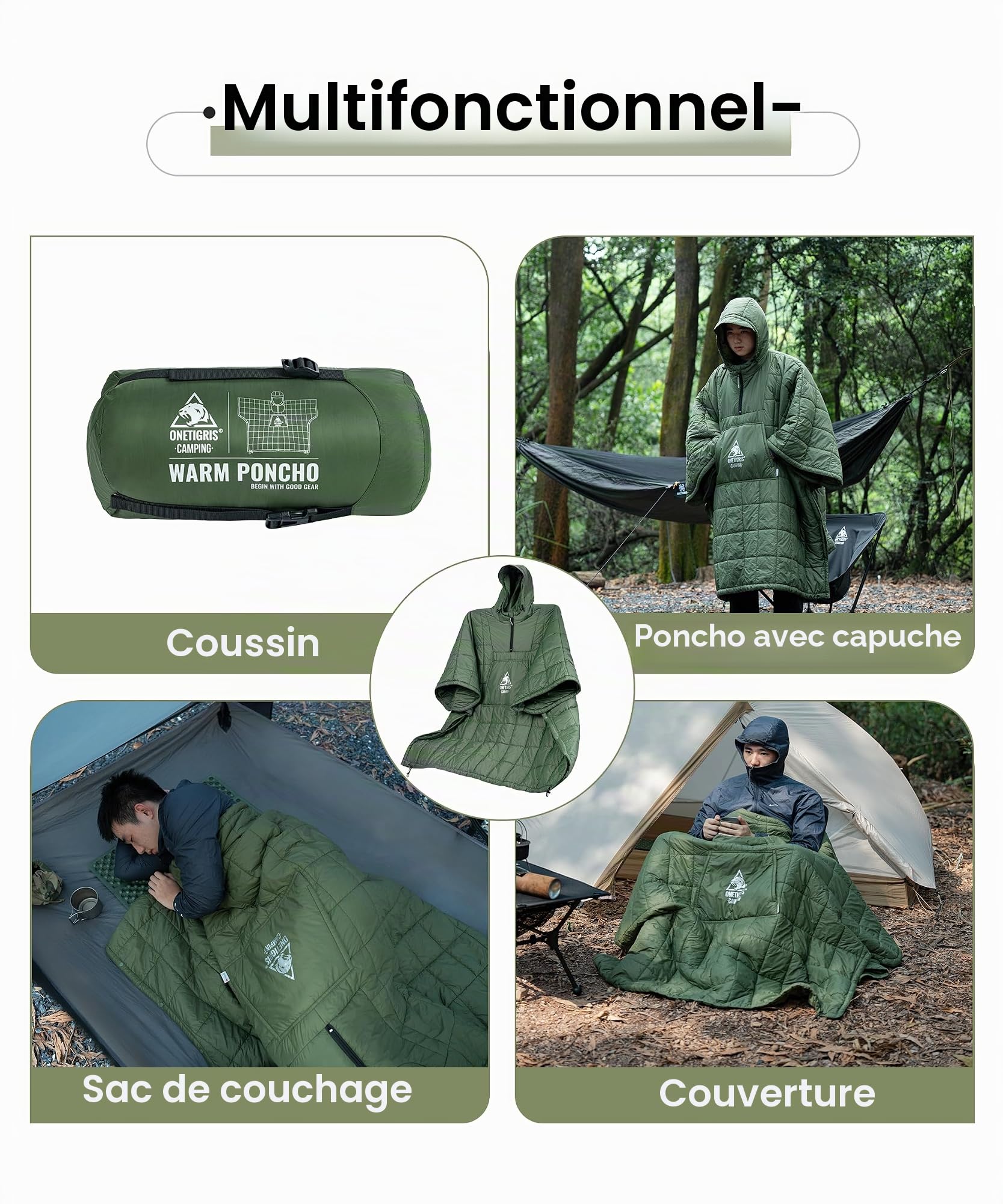 OneTigris Poncho de camping avec isolation Thinsulate 3M, couverture imperméable chaude avec grandes poches, couverture à capuche portable pour extérieur, randonnée, voyage