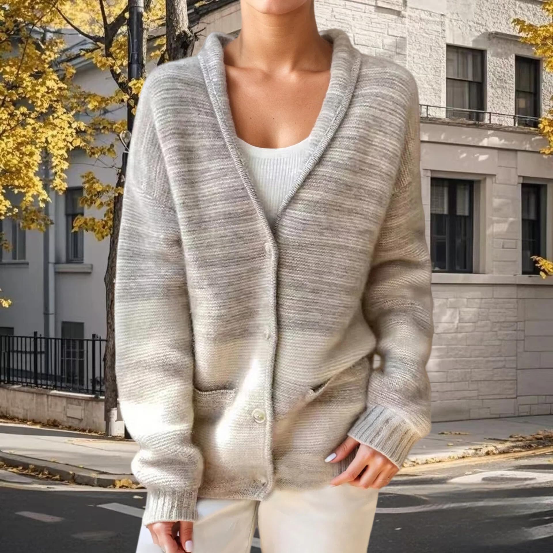 Generico Cardigan da Donna con Colletto A Revers Maglia A Righe Space Dye Cappotto A Maniche Lunghe Cardigan di Media Lunghezza con Tasche per Donna Chiusura con Bottoni Scollo A V Capospalla Leggero