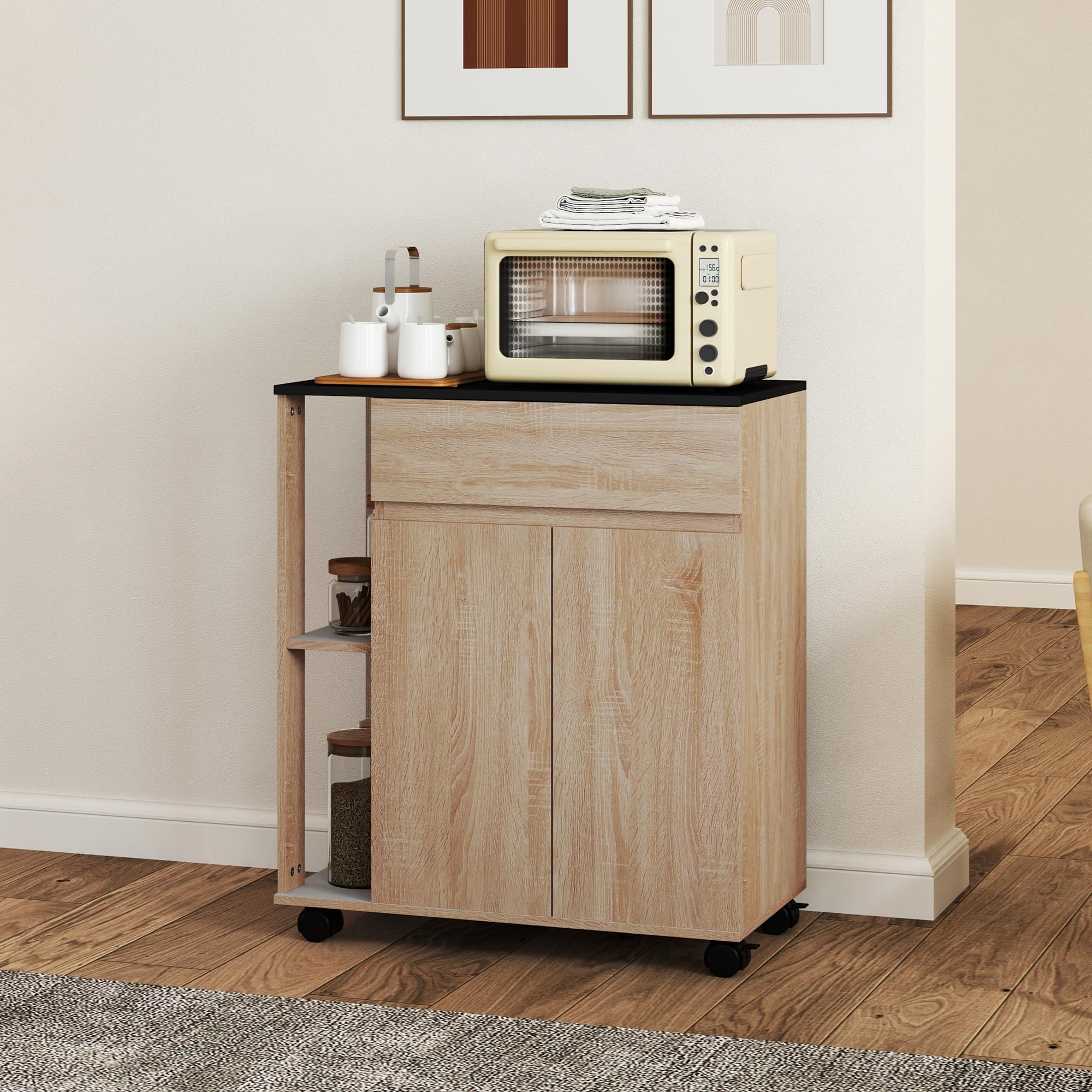 HOMCOM Carrello Cucina, Isola Cucina con Cassetto, Armadietto, 2 Ripiani Laterali e Ripiani Regolabili, Carrello Portaoggetti Multiuso in Legno, 78x39.5x88.5 cm, Nero e Rovere