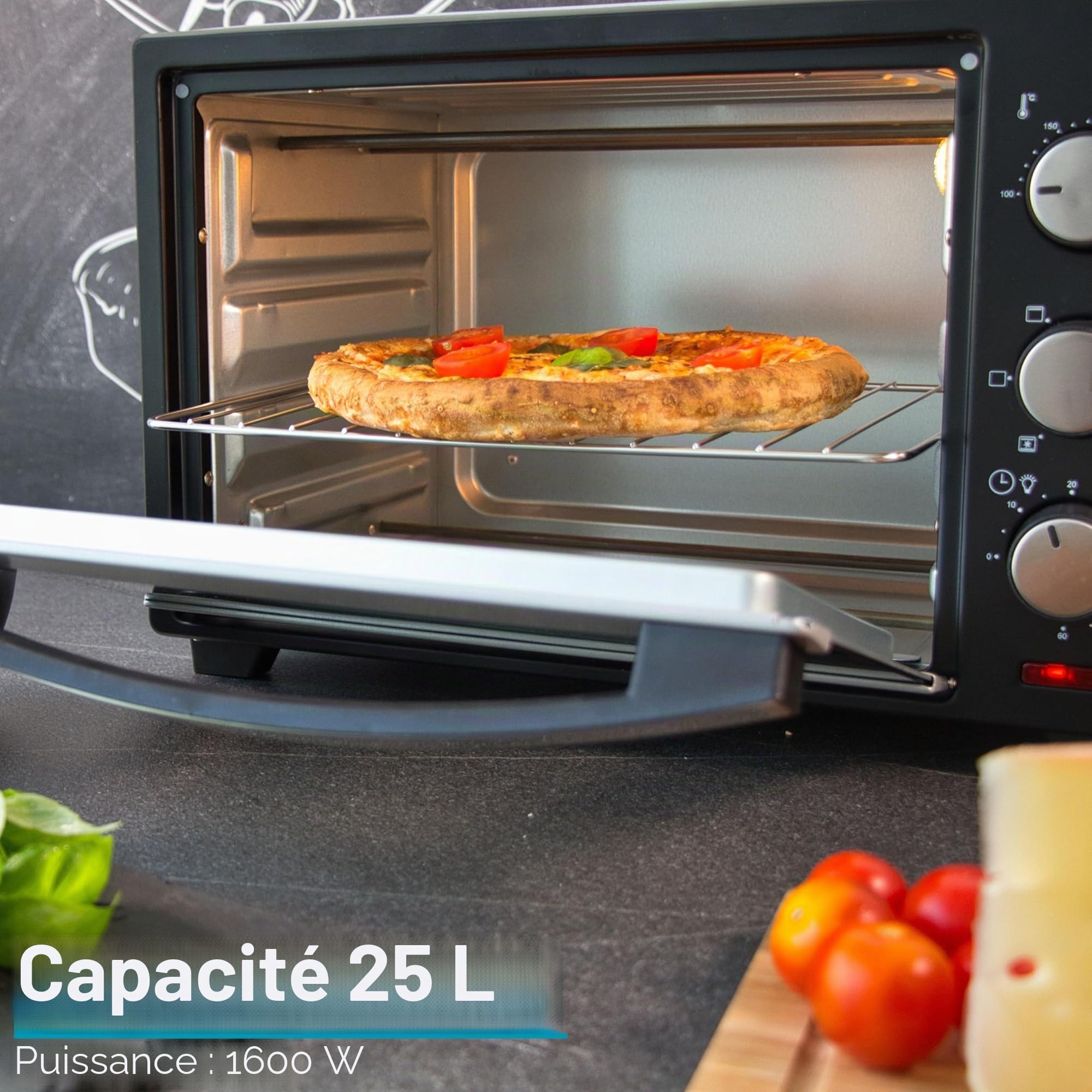 Steinborg Mini four 25 l | Mini four | Four à pizza | Four 3 en 1 | Plaque ramasse-miettes | Chaleur voûte/inférieure | Convection | 1600 W | Minuteur 60 min, (SB-3012)