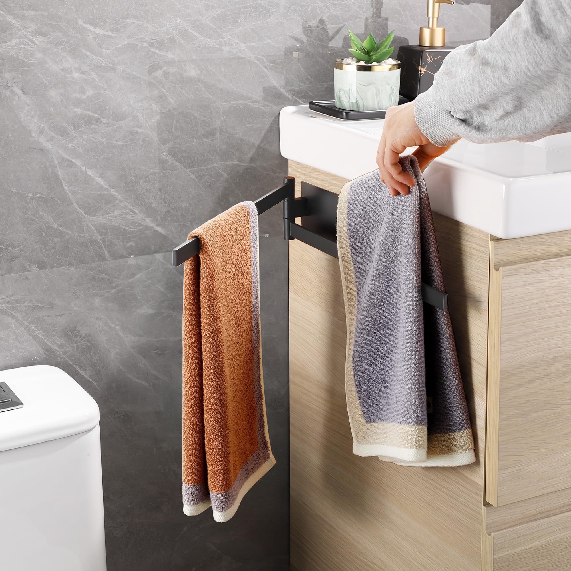 Porta Asciugamani Bagno Adesivo, Adesivo Portasciugamani Doppio e Girevole a 180°, Senza Foratura Porta Asciugamano da Parete in Acciaio SUS304, Nero Porta Salviette da Cucina e Doccia, 39cm
