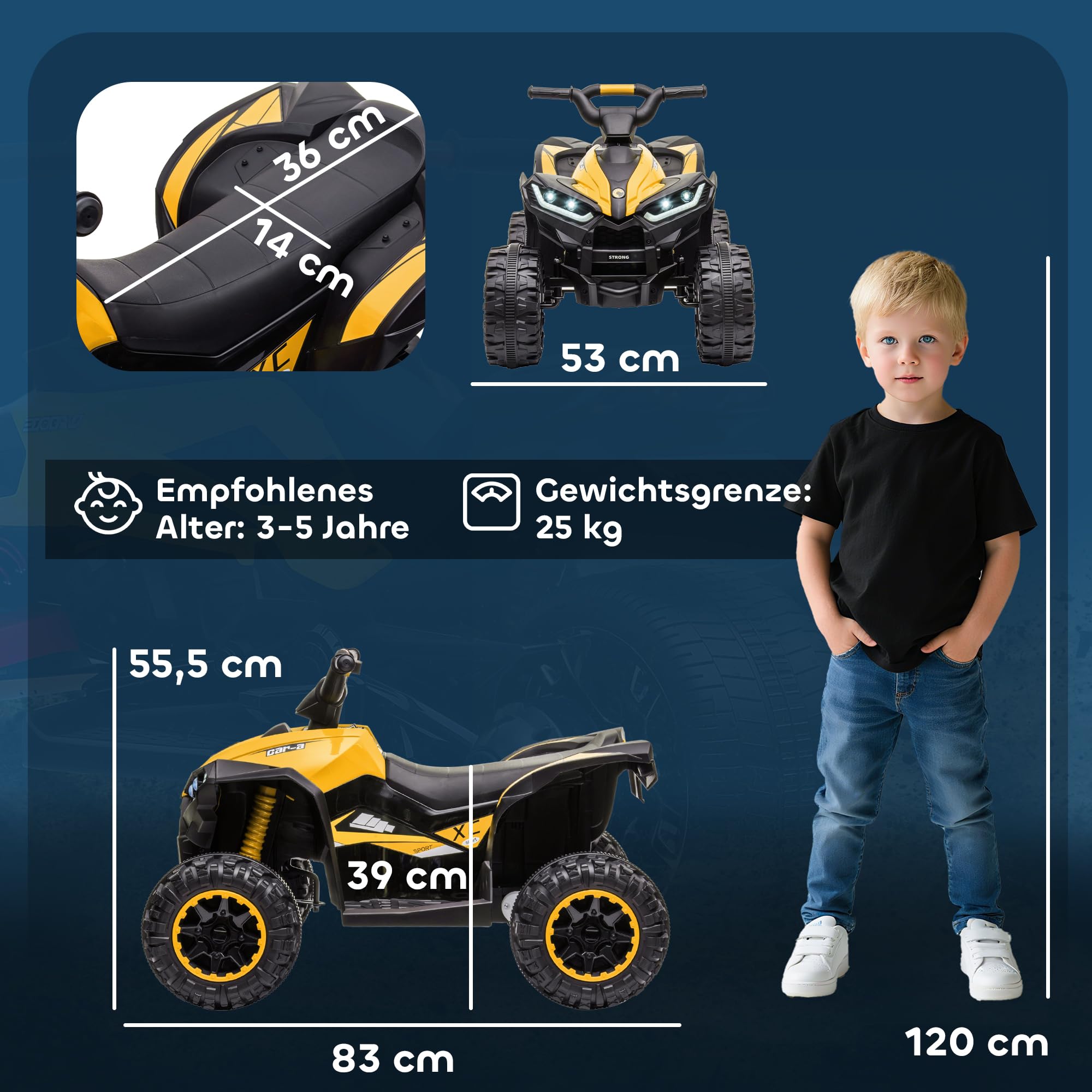 HOMCOM Kinder Quad Elektro 12V Kinderquad mit 35W Motor für 3-5 Jahre Gelb | Vorwärts-, Rückwärtsfunktion, Musik, USB-Anschluss, Hupe, LED-Scheinwerfer, 3-6km/h, Elektro-Quad