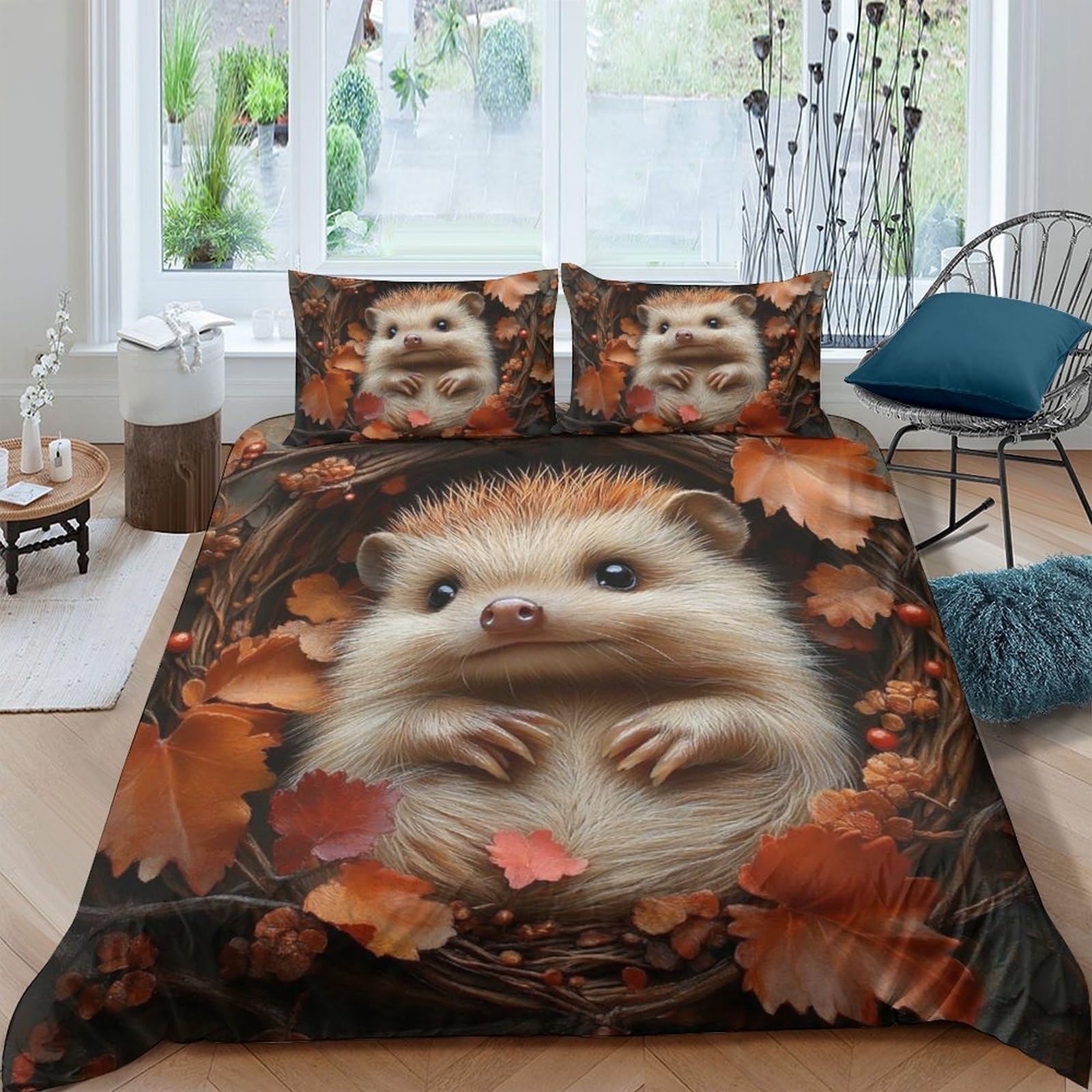 Ctjqhvkz Style-2 3D Printed Autumn Hedgehog Fitted Sheet Microfiber Soft Breathable Fall Leaves Bed Cover For Bedroom Dorm Decor Single（135X200cm）