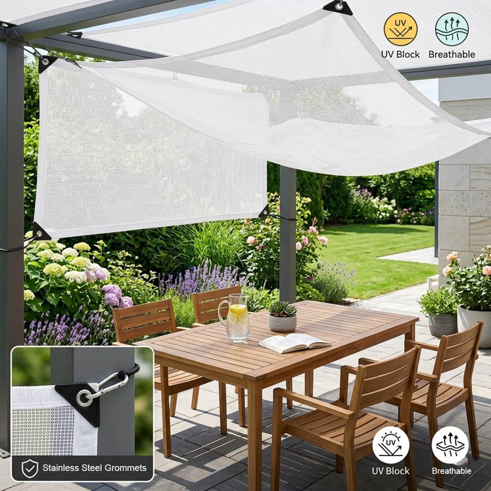 Voile Ombrage Blanc Filet D'ombrage avec Oeillets, pour Terrasse, Jardin