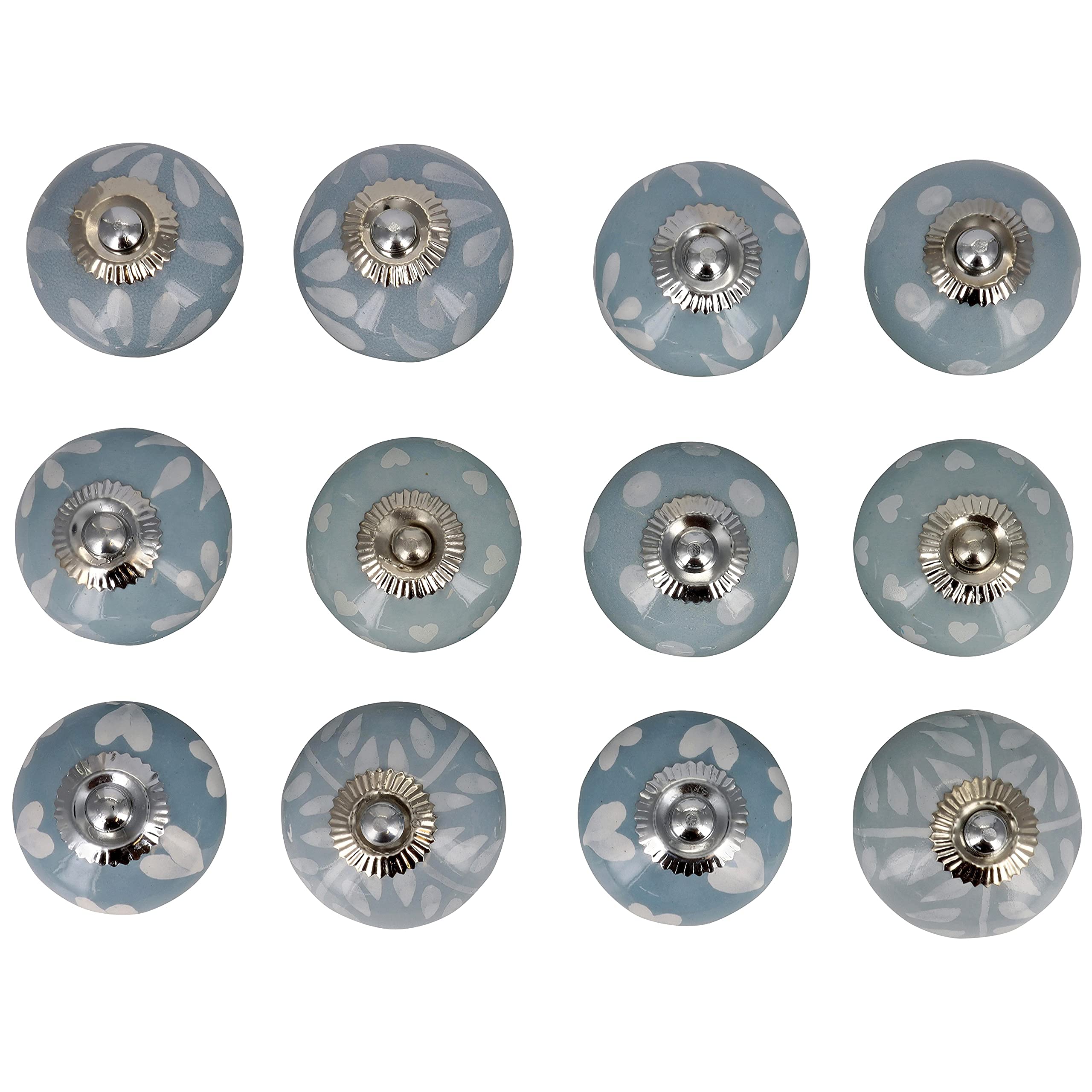 Juego de 12 pomos de cerámica decorativos para el hogar, cocina, armario, puerta, aparador, armario, tirador de cajón, color blanco y plateado