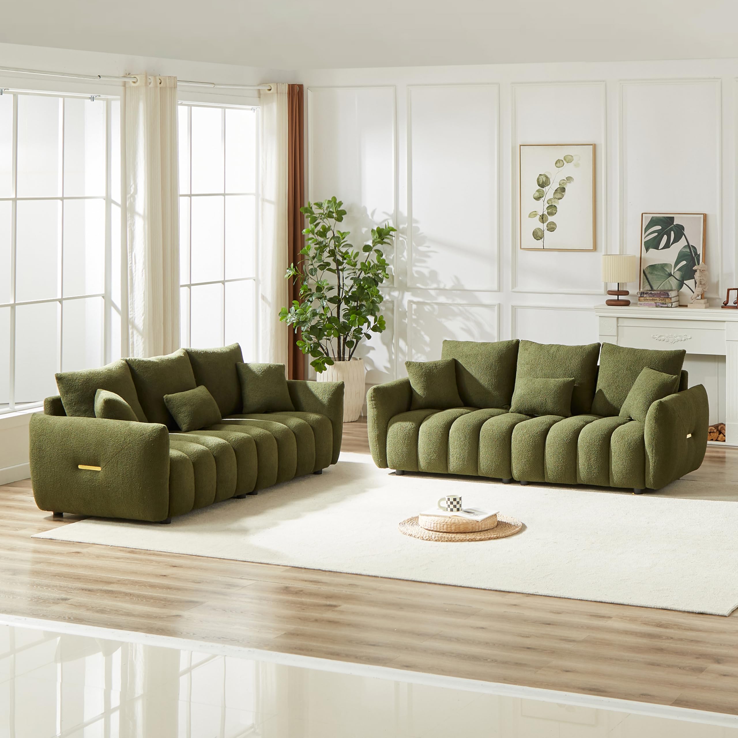 2 Pieses Modern Sofa Sets Luxury Teddy Upholstered Golden Element Accents Armrests Tufted Sofa&Couch Include 3 Seater Couches and 12 Pillows for Living Room, Bedroom, Apartment and Office Furniture
