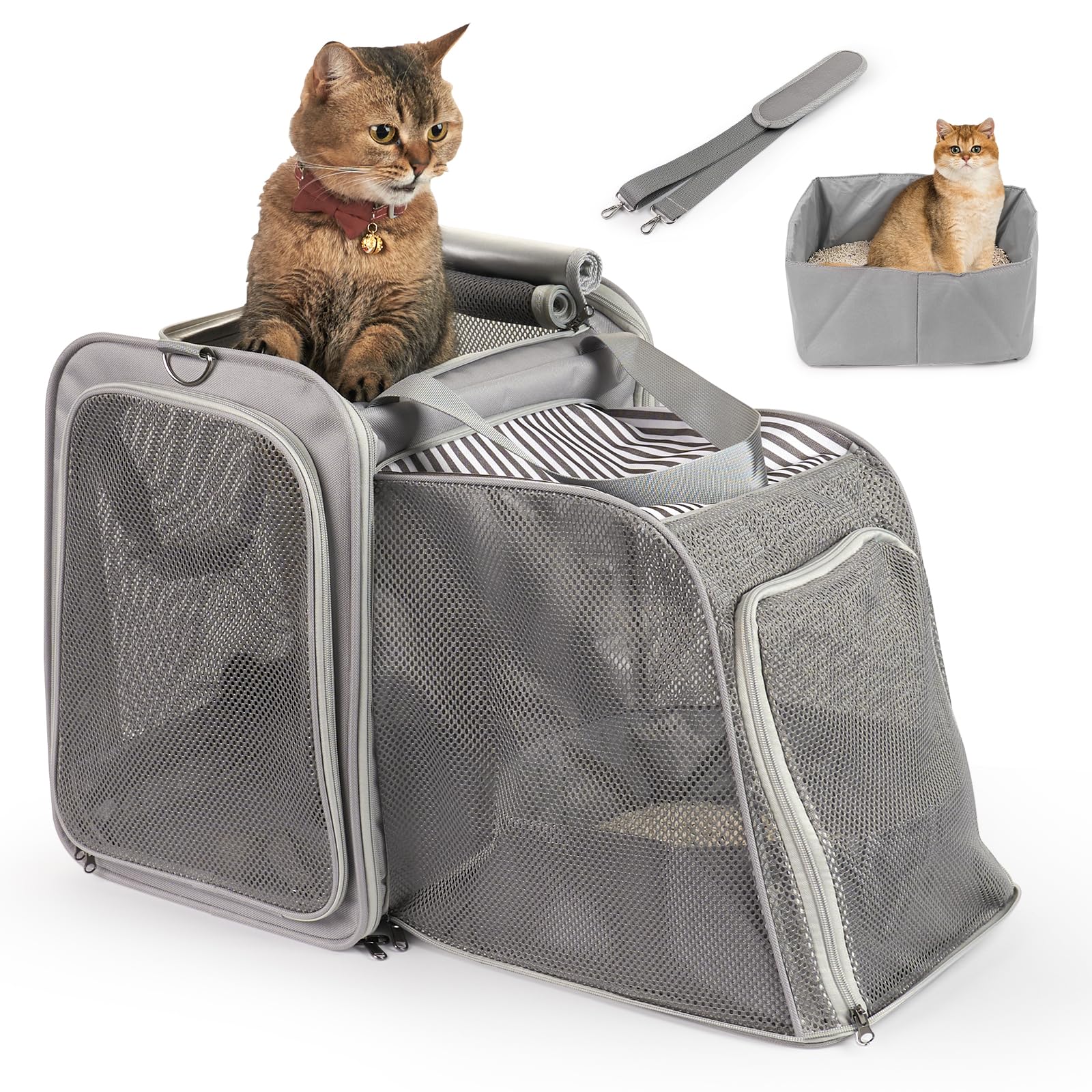 Cat Carrier with Litter Box, LitaiL Soft Cat Travel Carrier for Car Travel Long Distance, Expandable Large Cat Carrier, up to 20 lb to Road Trip, Camping, Hiking, Grey