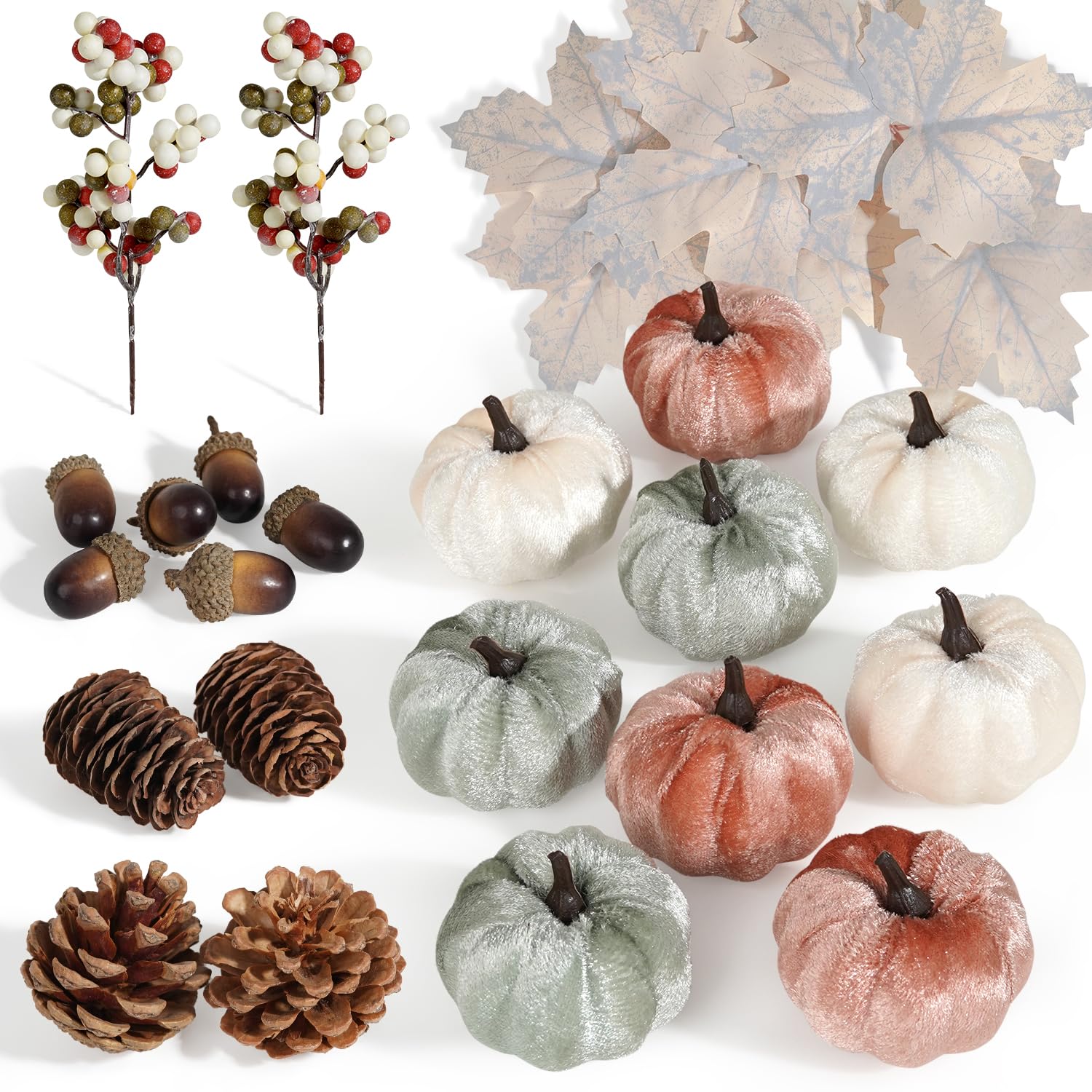 Artmag 25 PCS Pumpkin Decor Set, Artificial Fabric Pumpkins Decor with Acorns, Pinecones, Berries, Maple Leaves for Fall Halloween Thanksgiving Decorations Home Table
