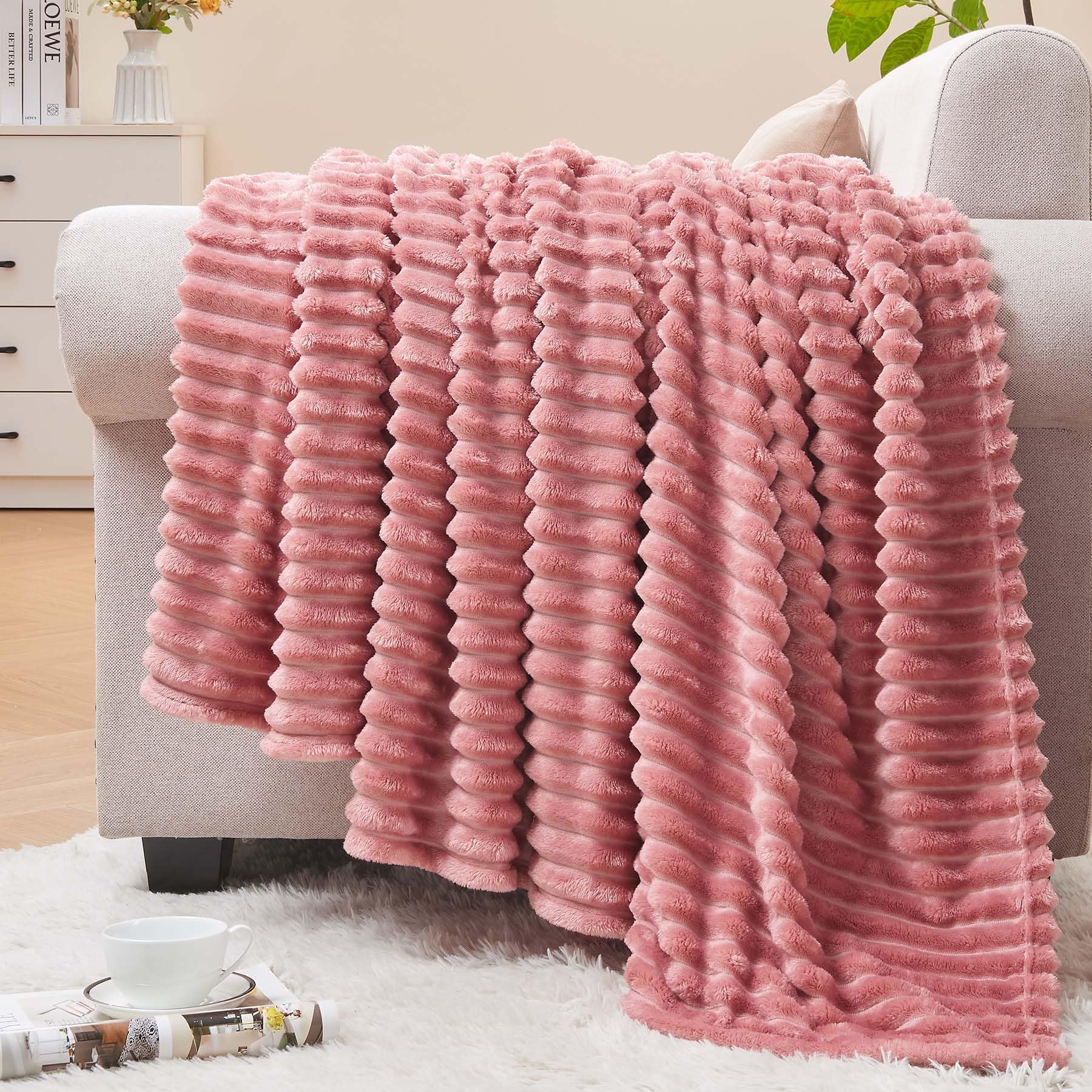 bedelite fleece throw blanket for couch  3d ribbed jacquard soft and warm decorative fuzzy blanket  cozy fluffy plush lightweight pink throw blankets for bed sofa 50x60 inches