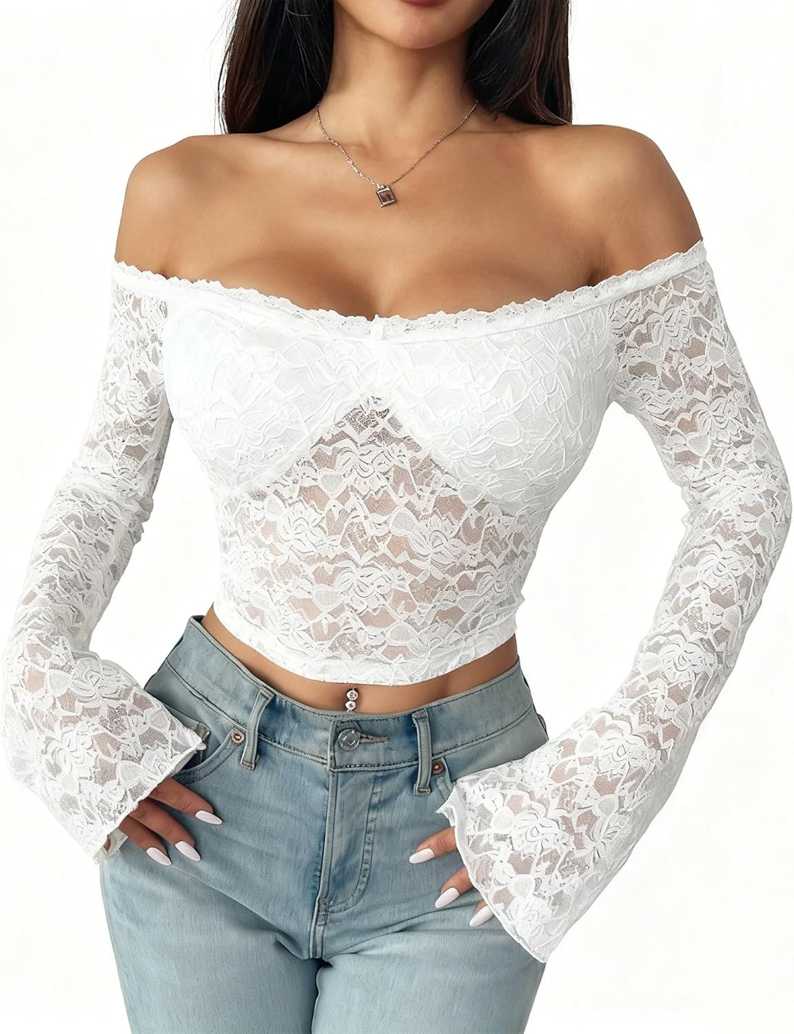Off The Shoulder Top for Women Floral Lace Bell Long Sleeve Sexy Mesh Sheer See Through Crop Tops Shirts Blouses Y2K