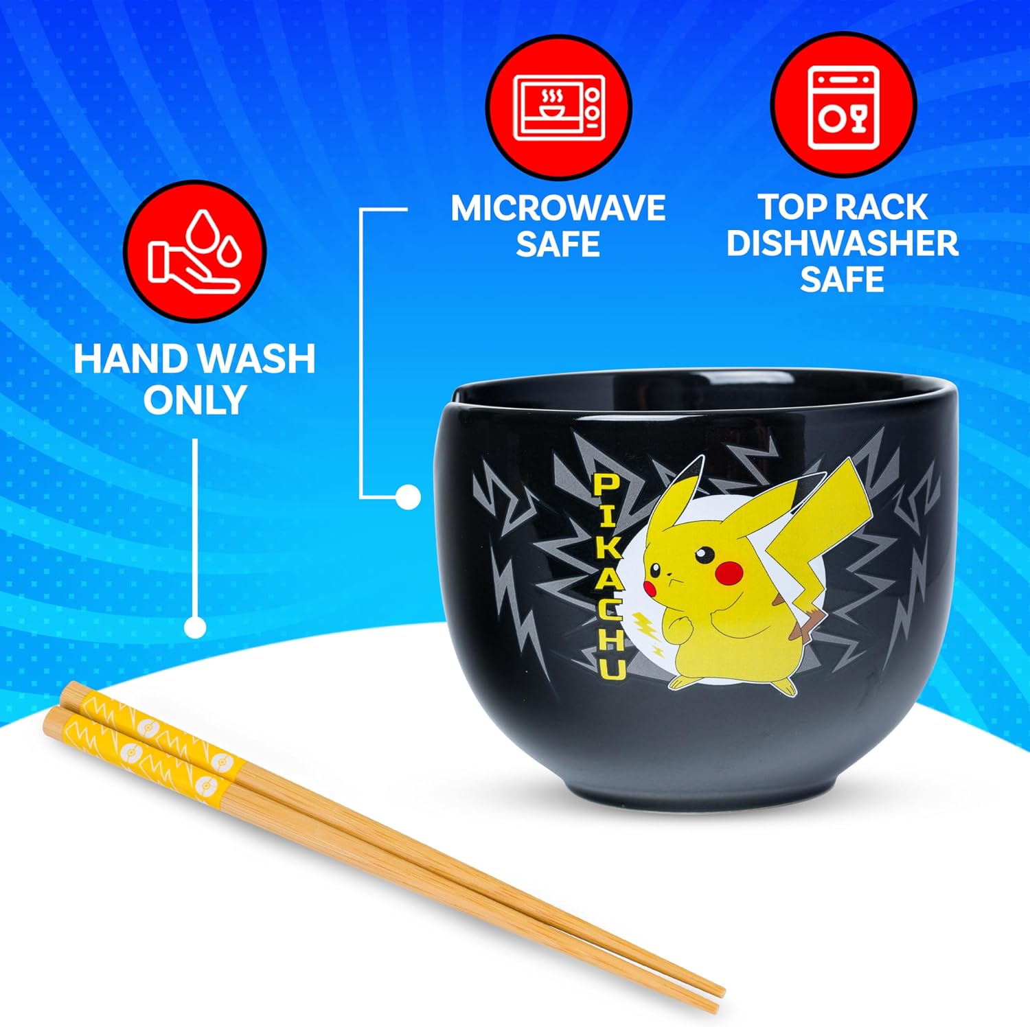 Silver Buffalo Pokemon Pikachu Ceramic Ramen Bowl With Chopsticks, 20oz image 4