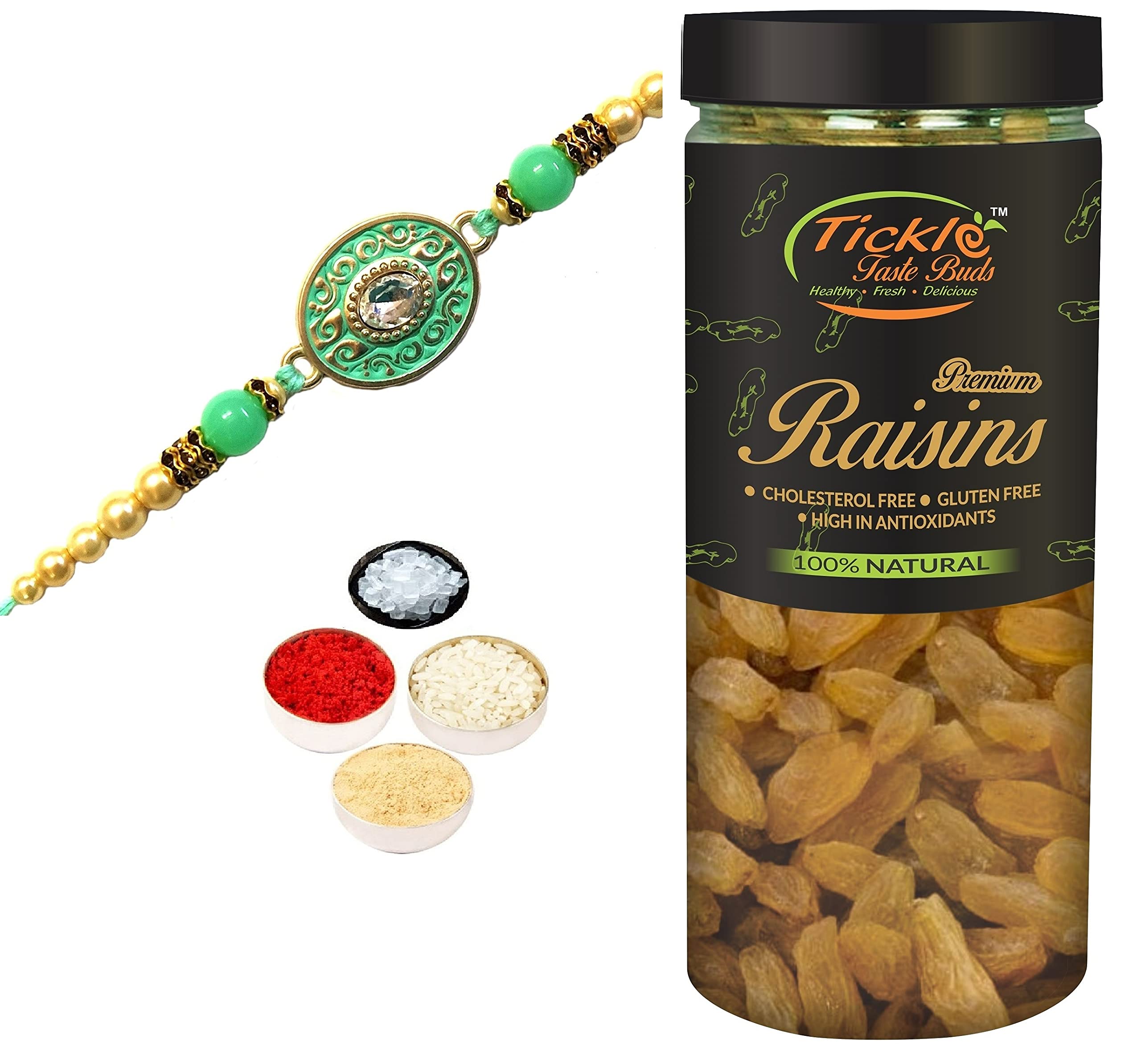 Designer Trendy Sea Green Rakhi for Brother Gift Combo with Kishmish Jar 250gms & Personal Message, Roli Tikka Chandan Chawal Mishri Special Pack for Bhai Bhaiya-image-46