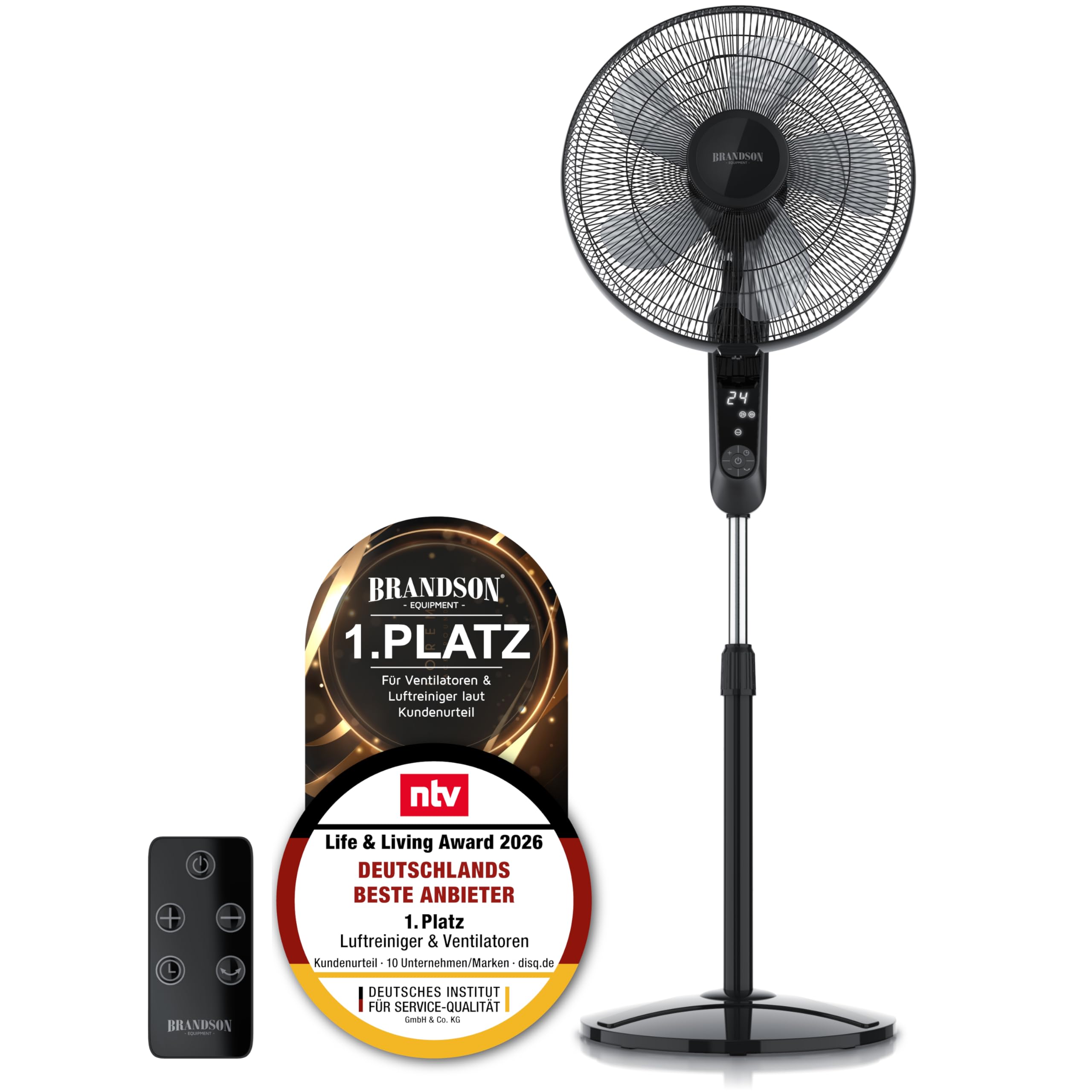 Brandson - Standventilator DC Silent mit Fernbedienung + Display - mobiler Lüfter leise, 24 Geschwindigkeiten - Oszillation 80° - Ventilator energiesparend