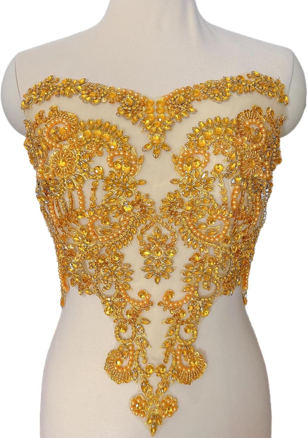 Handmade Beaded Patches Appliques with Rhinestones Crystals for Sew on Bodice Lace Evening Wedding Dresses DIY Clothes (Gold)