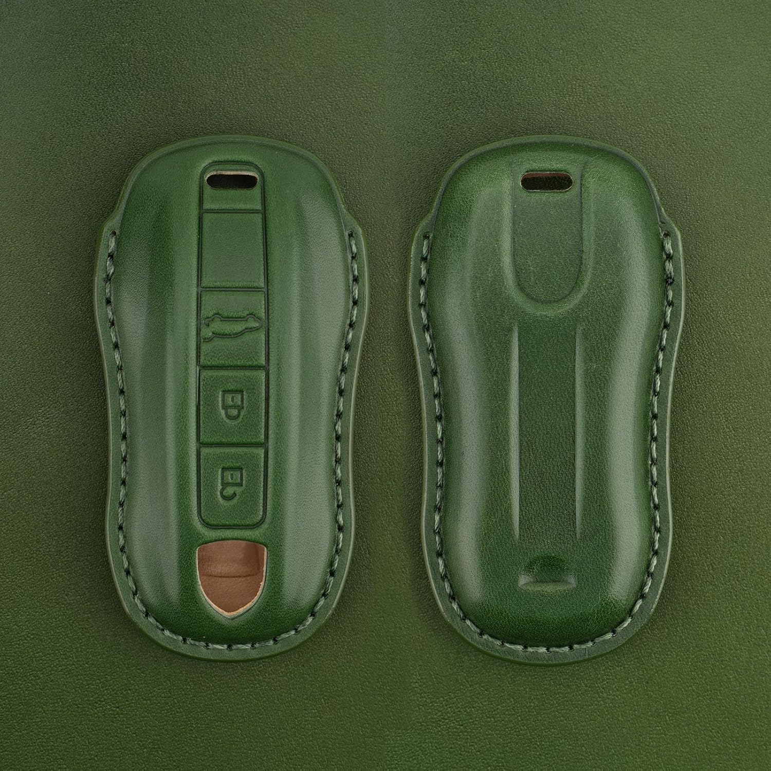 for Porsche Leather Key Fob Cover with Keychain Key Shell Compatible with 2020-2021 Porsche Cayenne, Macan Smart Key (Green)