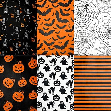 Adurself 120 Sheets Halloween Tissue Paper 14"X20" Black Orange Wrapping Paper with Ghost Pumpkin Bat Spider Pattern Art Packing for Halloween Birthday Party Gift Bag DIY Crafts 6 Patterns