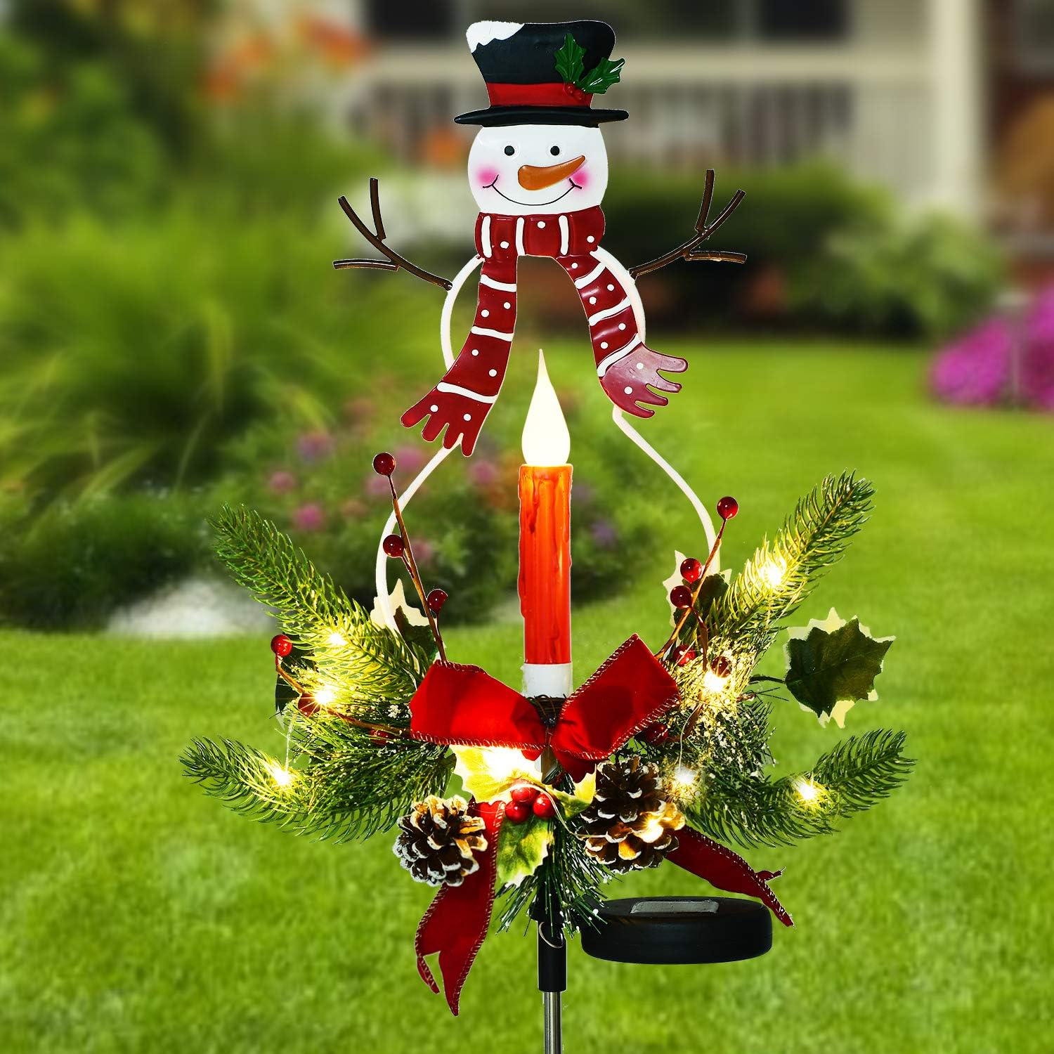Doingart 2 Pack Solar Christmas Light Outdoor Decorations, LED Candle, Snowman Christmas Light with Faux Pine Cones, Foliage Accents Garden Decorative Stake