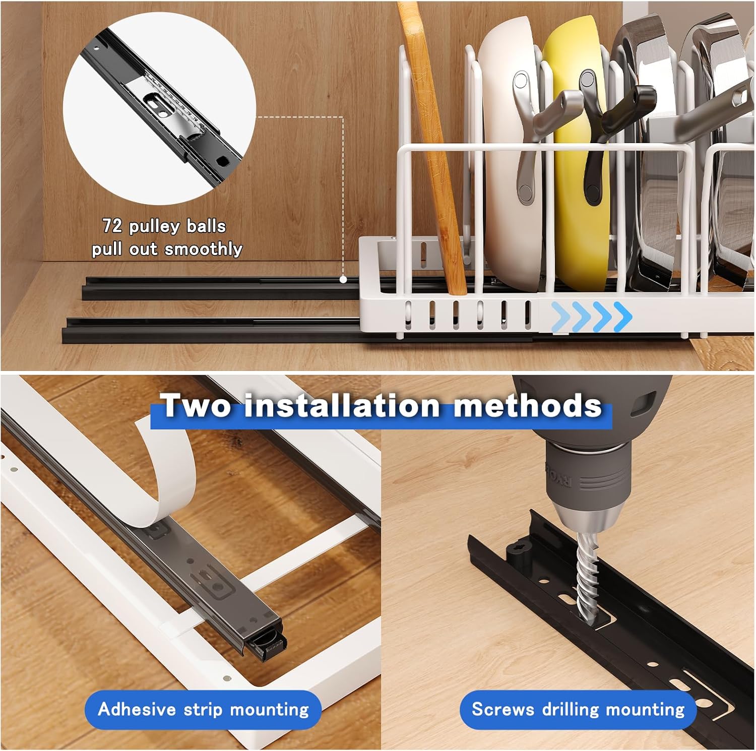 Pots and Pans Organizer Under Cabinet, 21.6" Deep Pull Out Pot Lid Organizer Holder with Guardrail Adhesive Pot and Pan Holder Rack with 10 Adjustable Dividers-1 Pack(White)