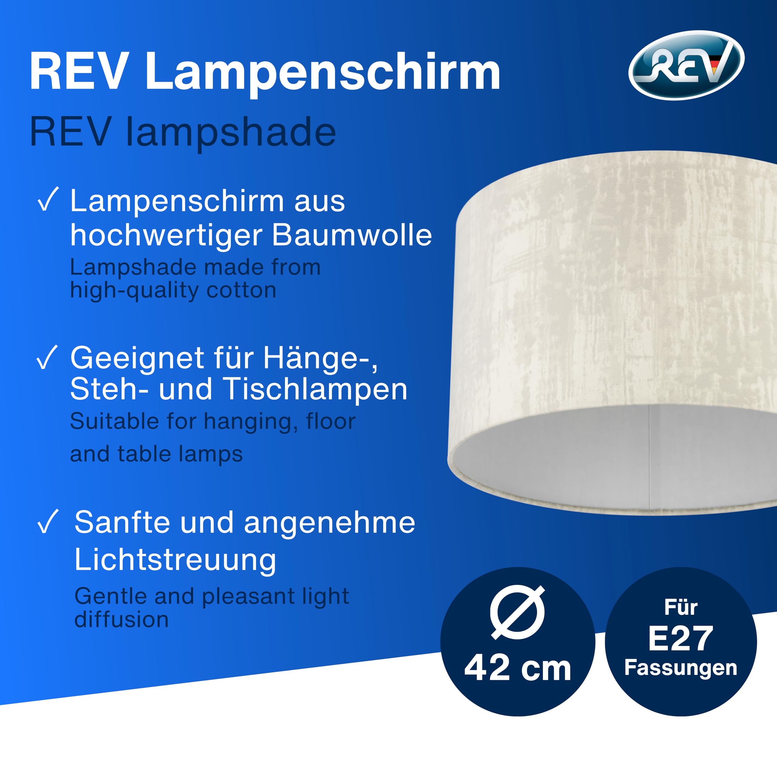 REV Paralume rotondo in stile vintage in cotone di alta qualità, diametro 42 cm, paralume di ricambio per lampada a sospensione e lampada da terra, attacco E27, bianco artico