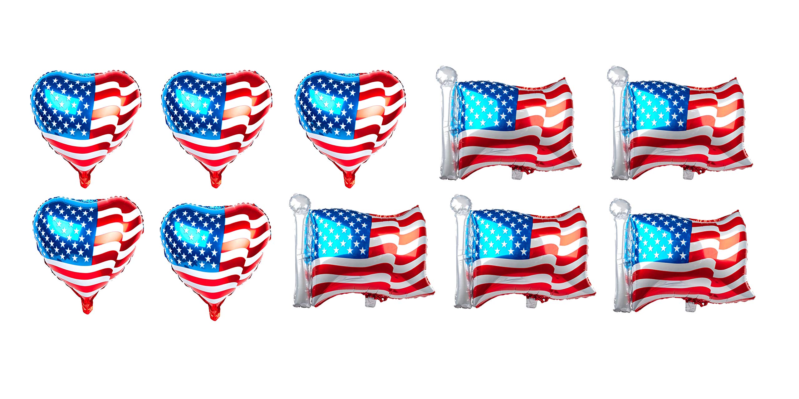 SummitLink Combo Pack of 10 American Flag Balloons PE Helium Foil Balloon Mylar (Two Styles, 5x Heart Shaped 20'', 5x Rectangular Shaped 25'')