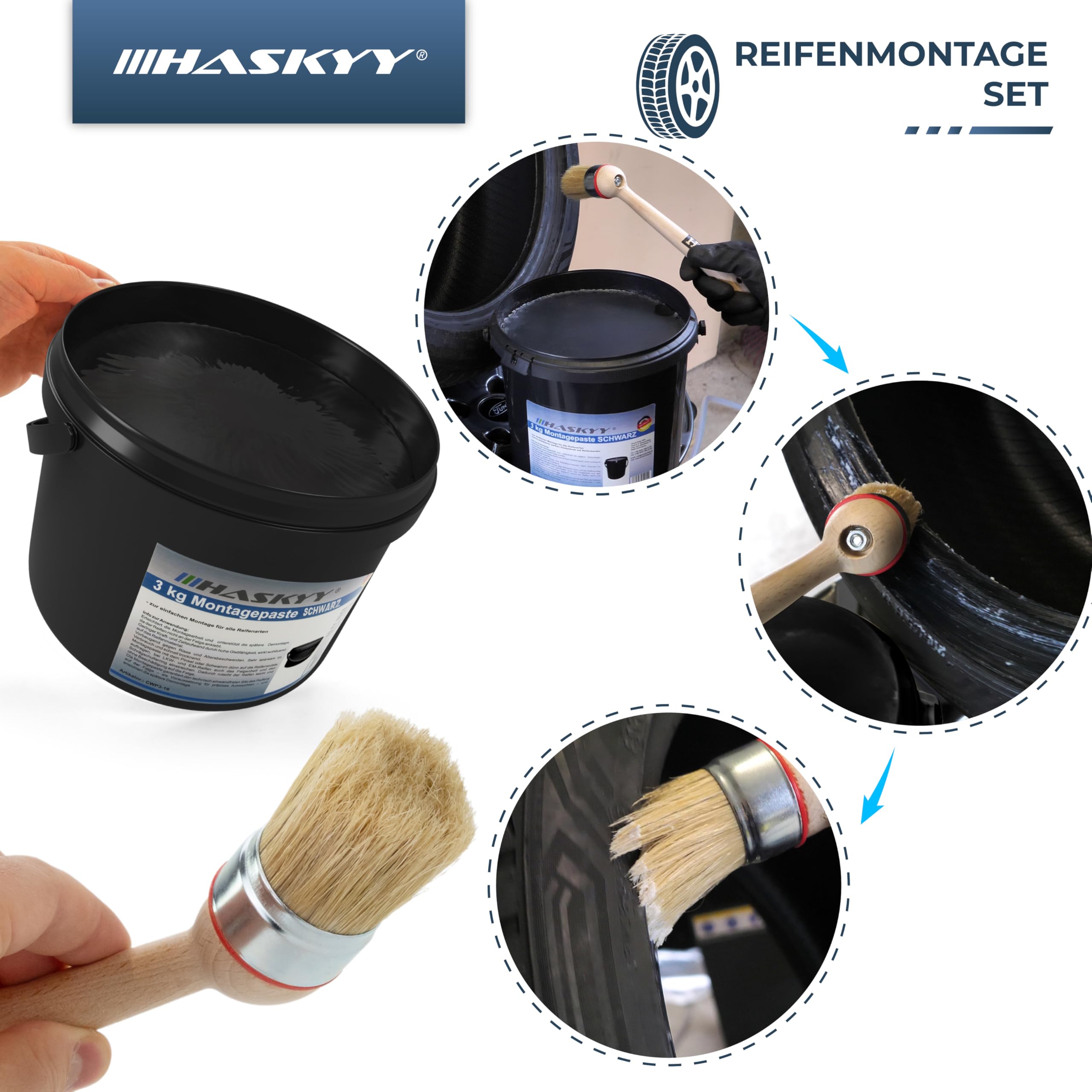 HASKYY 3kg Reifenmontagepaste Montagewax Schwarz Set inkl. Ventildreher, Ventileinzieher, Profi Auswuchtzange für Klebe- und Schlaggewichte, Fettkreide, Montagepinsel & Schaber