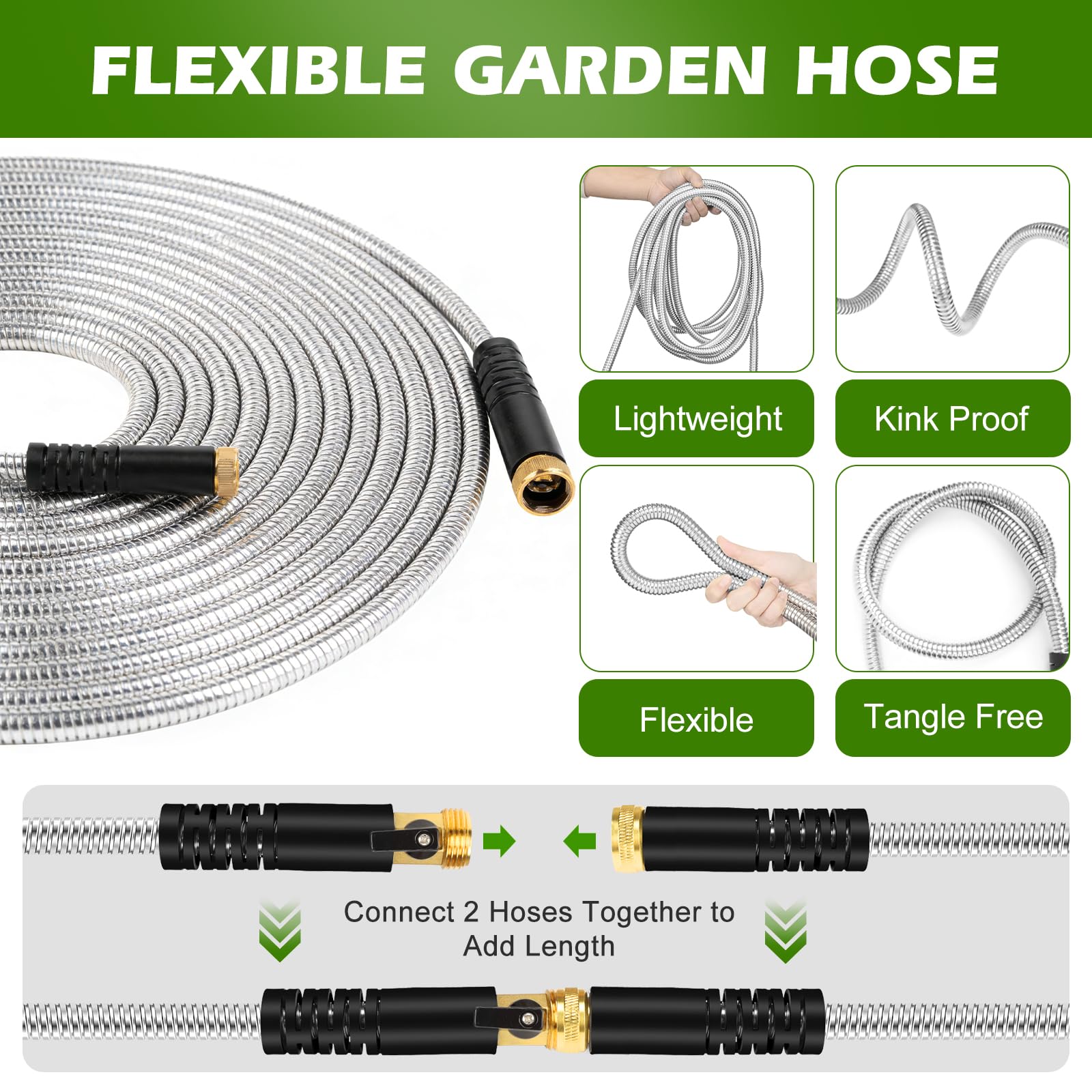 Metall-Gartenschlauch, 22,9 m, Edelstahl, robuster Wasserschlauch mit 10 Funktionen, flexibel, leicht, knickfrei, auslaufsicher, stabile Schläuche, Rohr, 1,9 cm Messingarmatur für Außenbereich