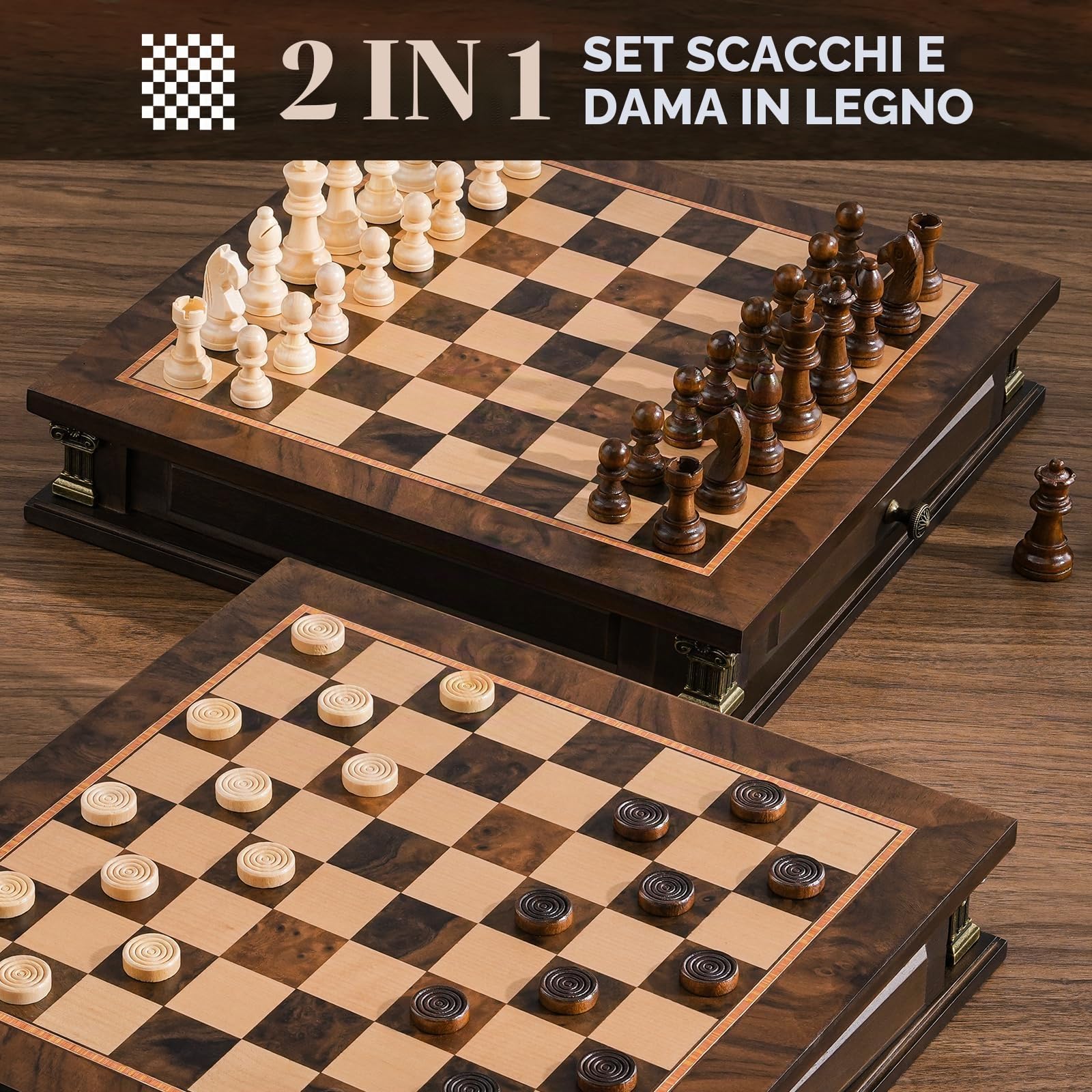 Peradix Set di scacchi magnetici a scacchi con 2 cassetti incorporati, 32 cm classici giochi in legno 2 in 1 con 2 regine extra per bambini e adulti, set da viaggio portatile da gioco di scacchi