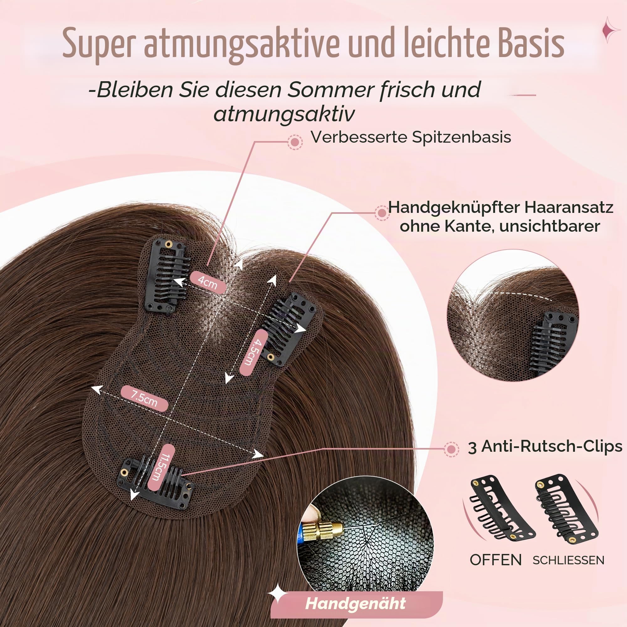 Haarteil Topper Remy Echthaar Clip in Extensions Toupet mit Side Bangs Haarverlängerung Pony Toupee Frauen mit 3 Clips 35 cm # 2R