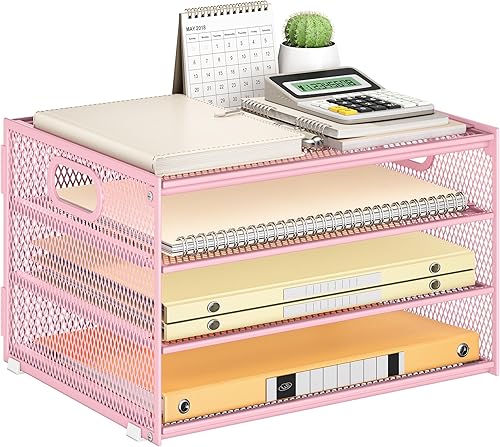 Miniatura 17 de Subekyu Organizador de escritorio de papel de 3 niveles con asa y 1 bandeja deslizable para cartas, clasificador de carpetas de archivos de papel