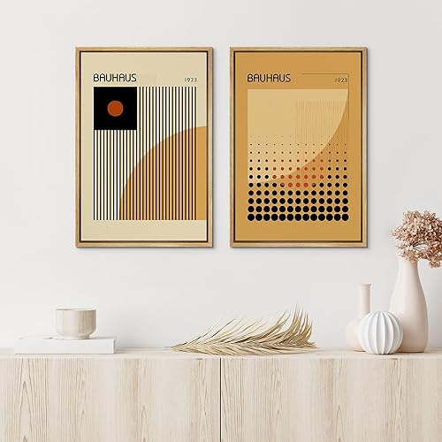 Miniatura 2 de IDEA4WALL Lienzo enmarcado para pared, juego de arte Bauhaus dorado de mediados de siglo, patrón de cuadrícula moderna, ilustraciones con formas
