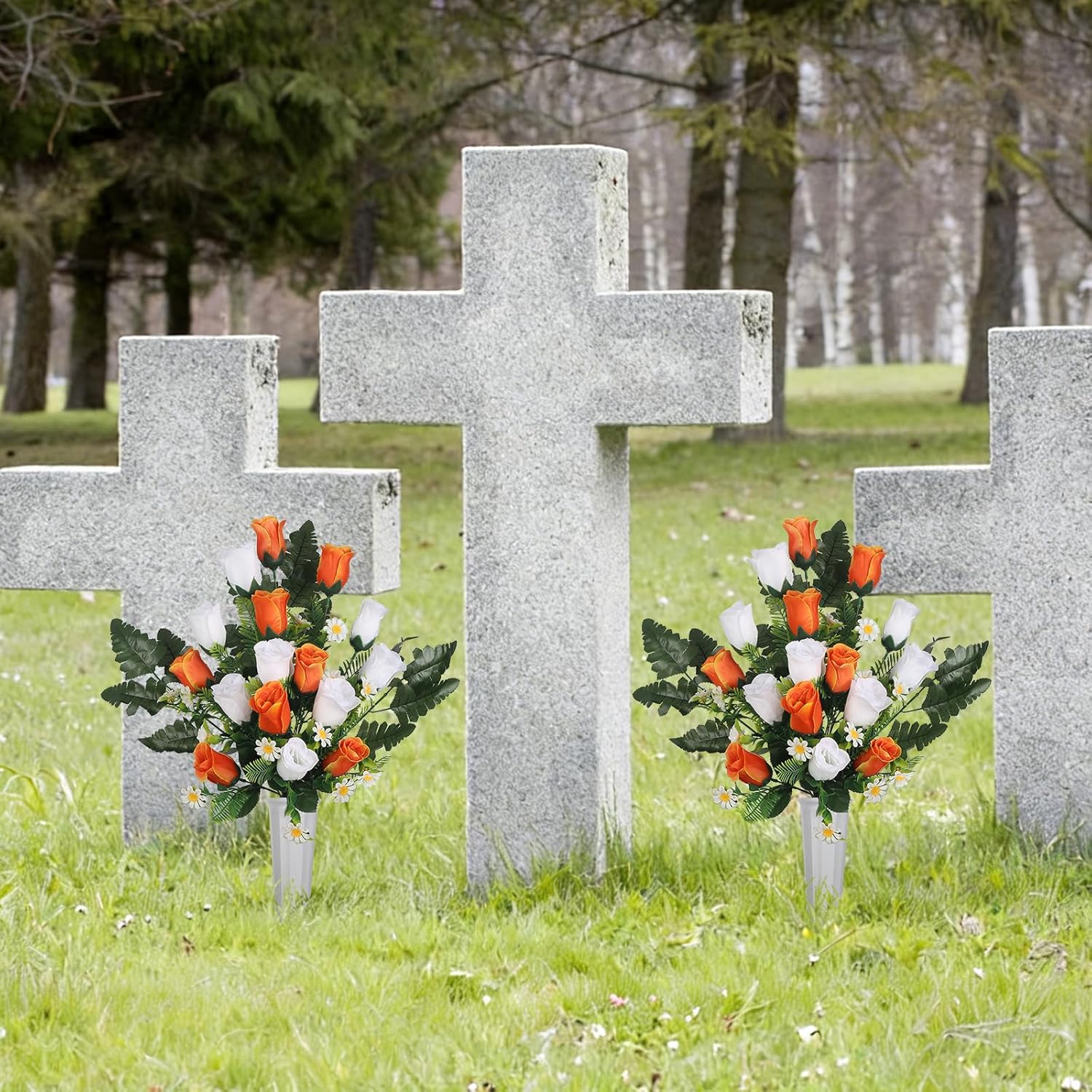 Set of 2 Artificial Cemetery Flowers with Vases White Orange Artificial Rose Daisy Bouquet Graveyard Memorial Flowers for Memorial Day Cemetery Headstones Decor (White+Orange)
