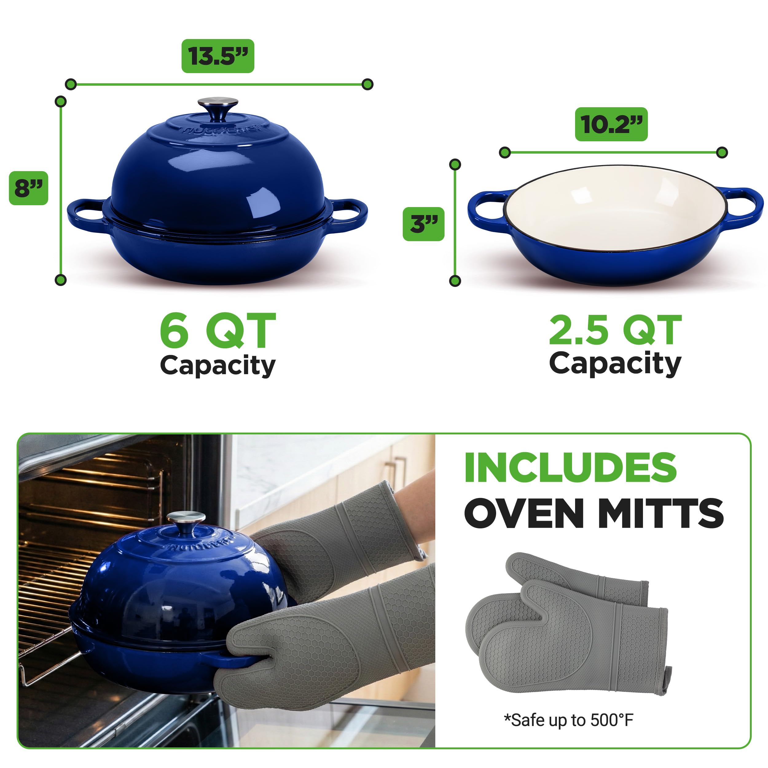NutriChef 10,2" Emaliowany Żeliwny Garnek do Pieczenia Chleba, Kopułowa Forma do Chleba na Zakwasie z Uchwytami i Silikonowymi Rękawicami, Odporna na Temperaturę do 260°C, Dutch Oven (Niebieska)
