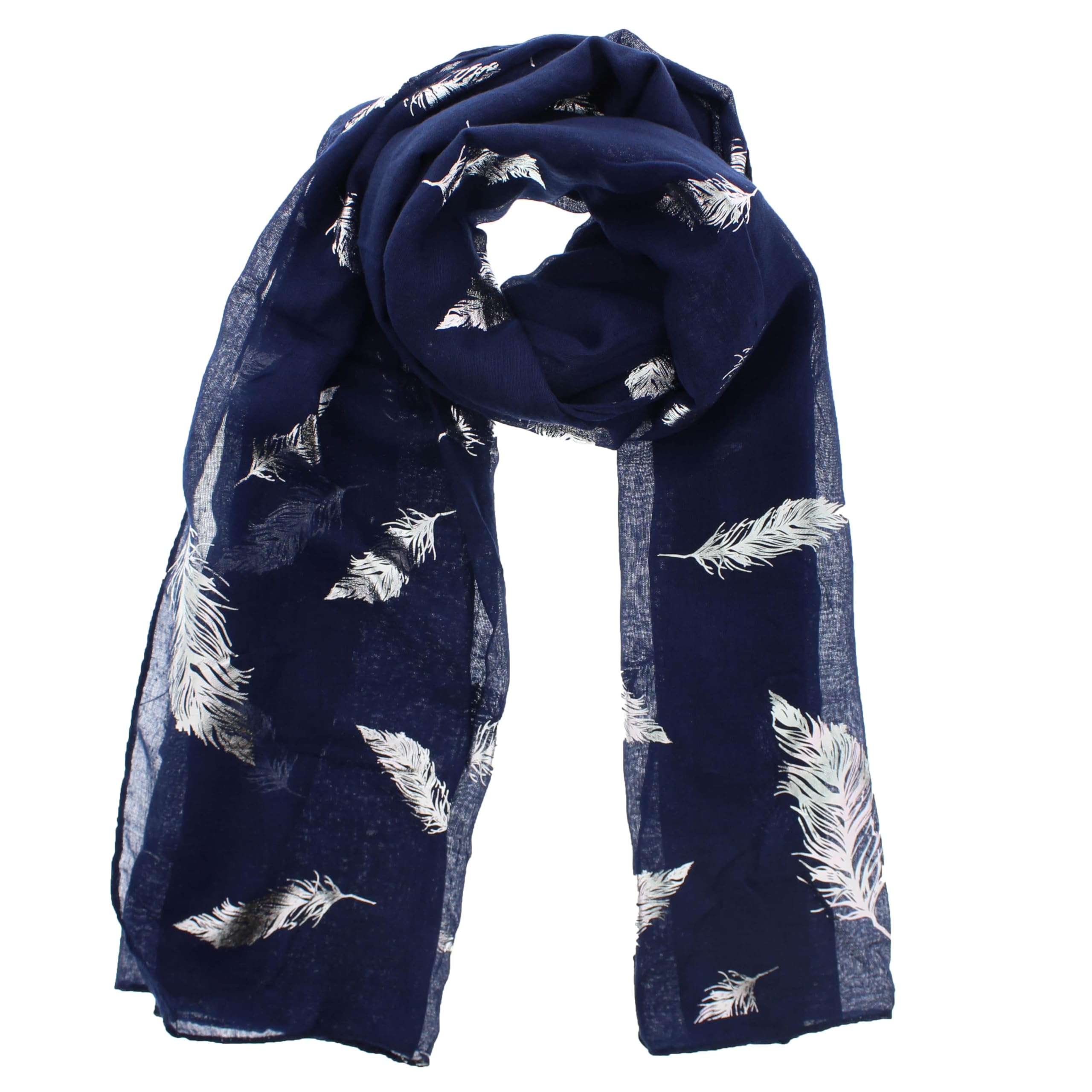 Zac's Alter Ego Women's Navy Scarf With Silver Foil Metallic Glitter Feather Print