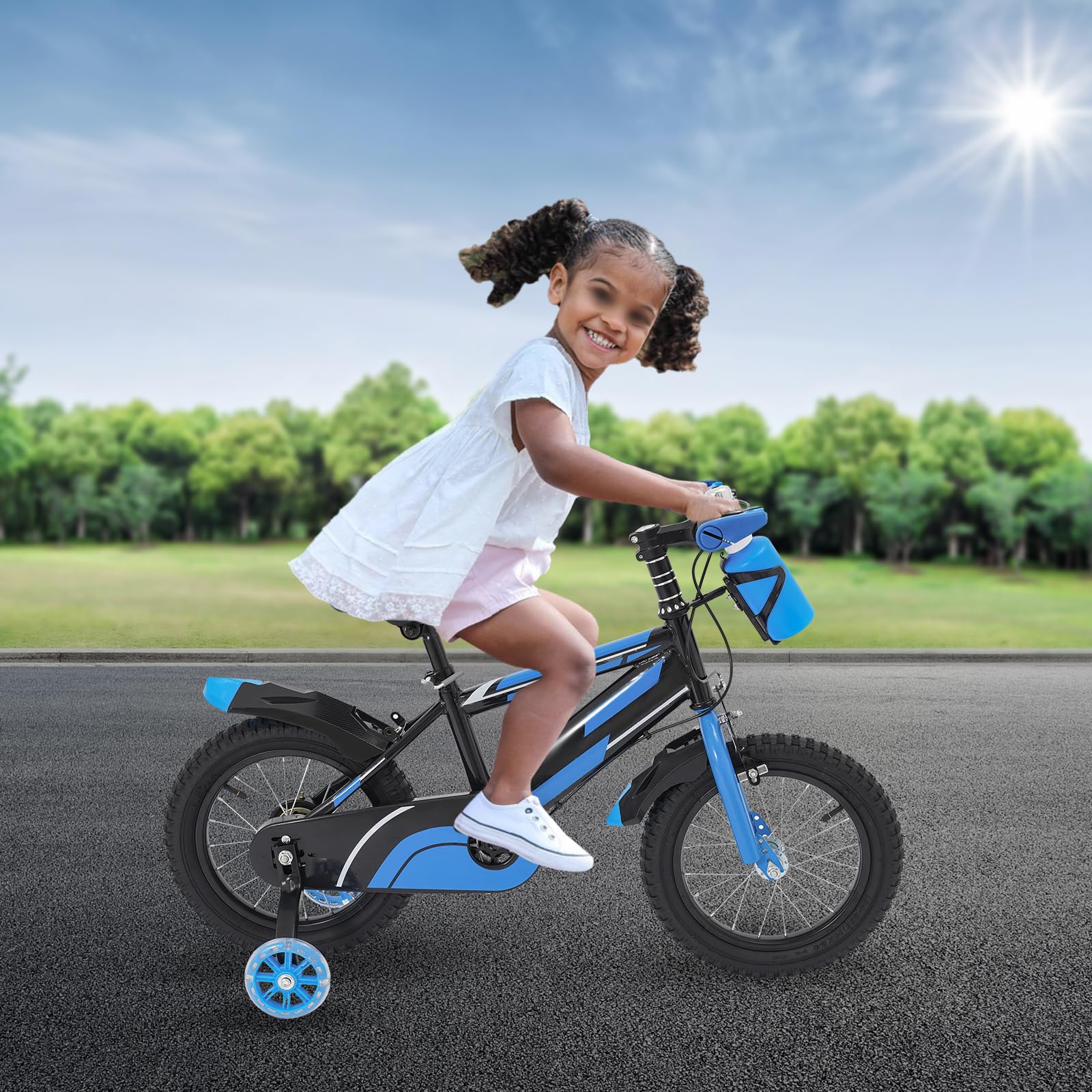 14 Zoll Kinderfahrrad für ab 3-7 Jahre Jungen & Mädchen, Upgraded Blau Kinder Fahrrad mit Stützrädern, Höhenverstellbar Kinderfahrräder mit Schutzblech und Trinkflasche für Outdoor Reiten