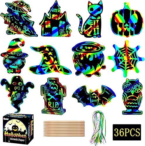 Garma Papel para rascar para niños, 36 piezas de Halloween Magic Rainbow Scratch Paper Off Cards Juego de manualidades para niños, manualidades,
